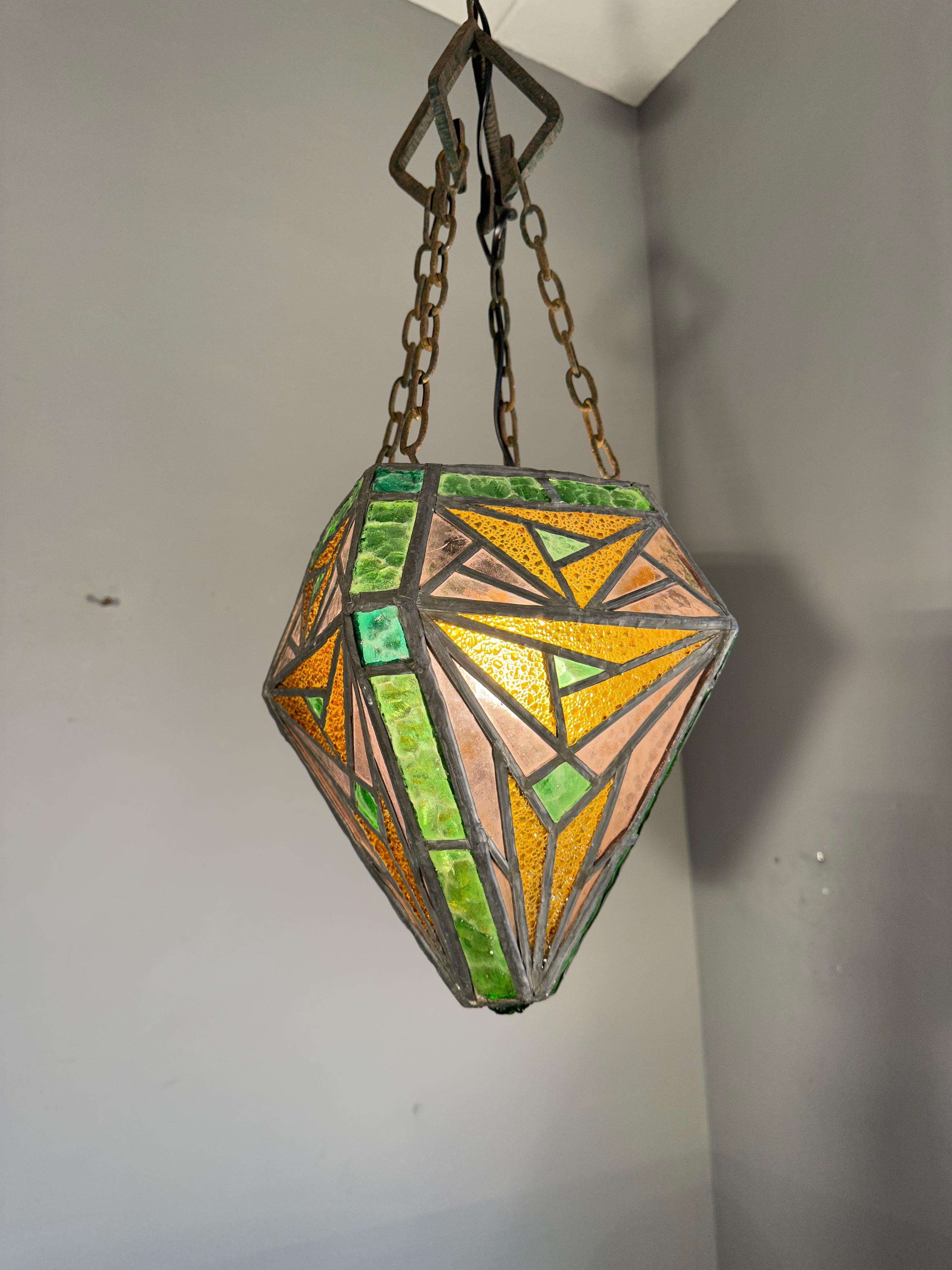 Handcrafted Stained Glass Art Deco Glass Pendant Geometric Design & Great Colors 6