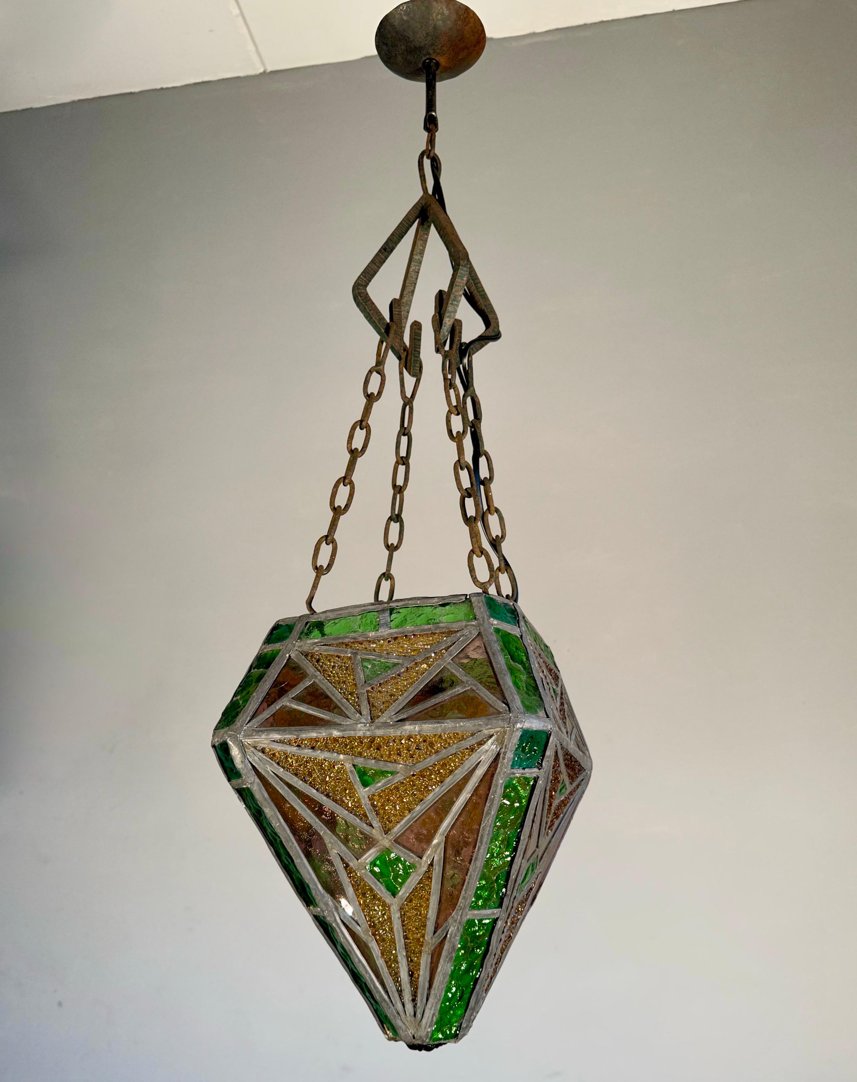 Handcrafted Stained Glass Art Deco Glass Pendant Geometric Design & Great Colors 8