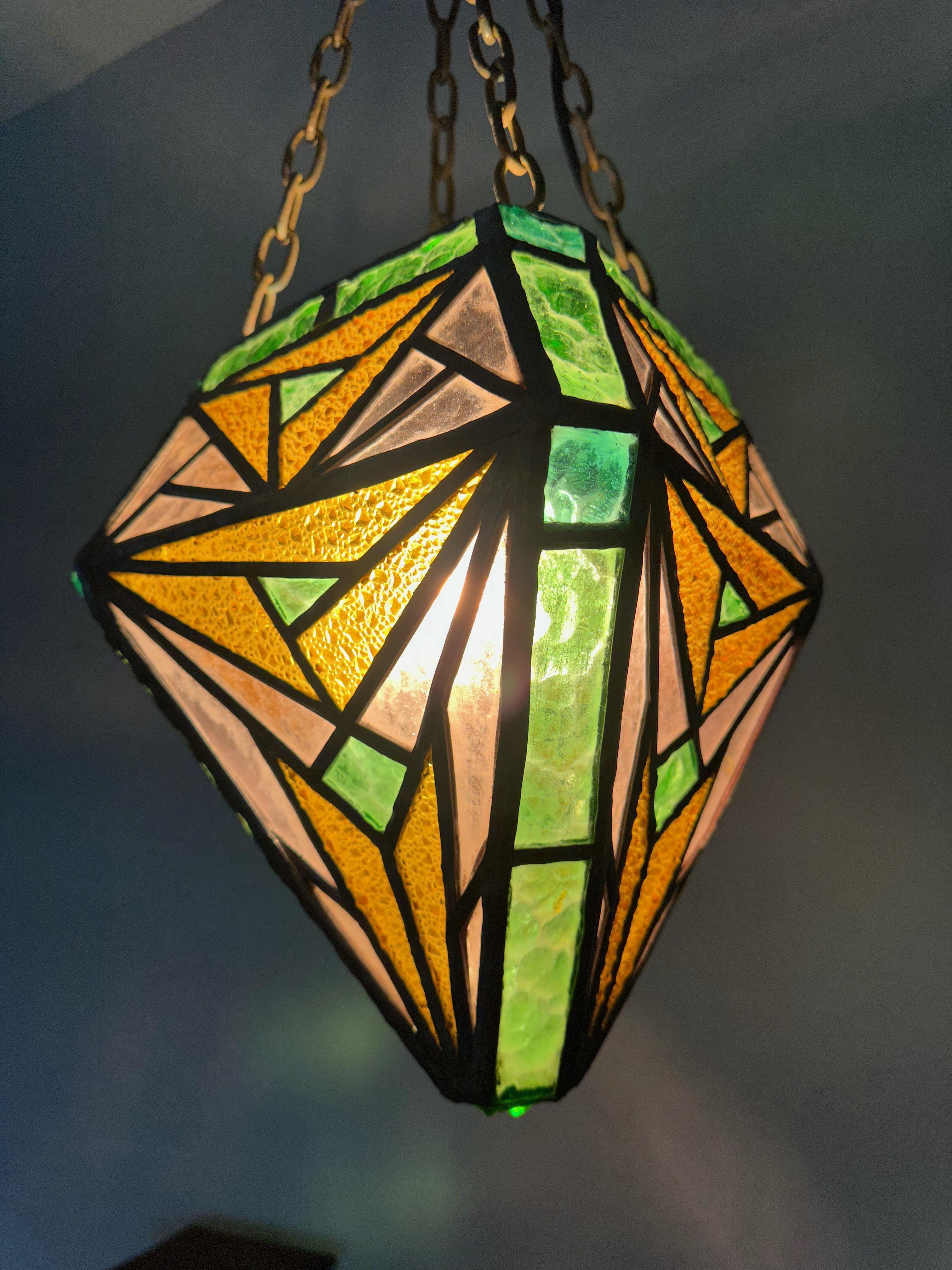 Handcrafted Stained Glass Art Deco Glass Pendant Geometric Design & Great Colors In Good Condition In Lisse, NL