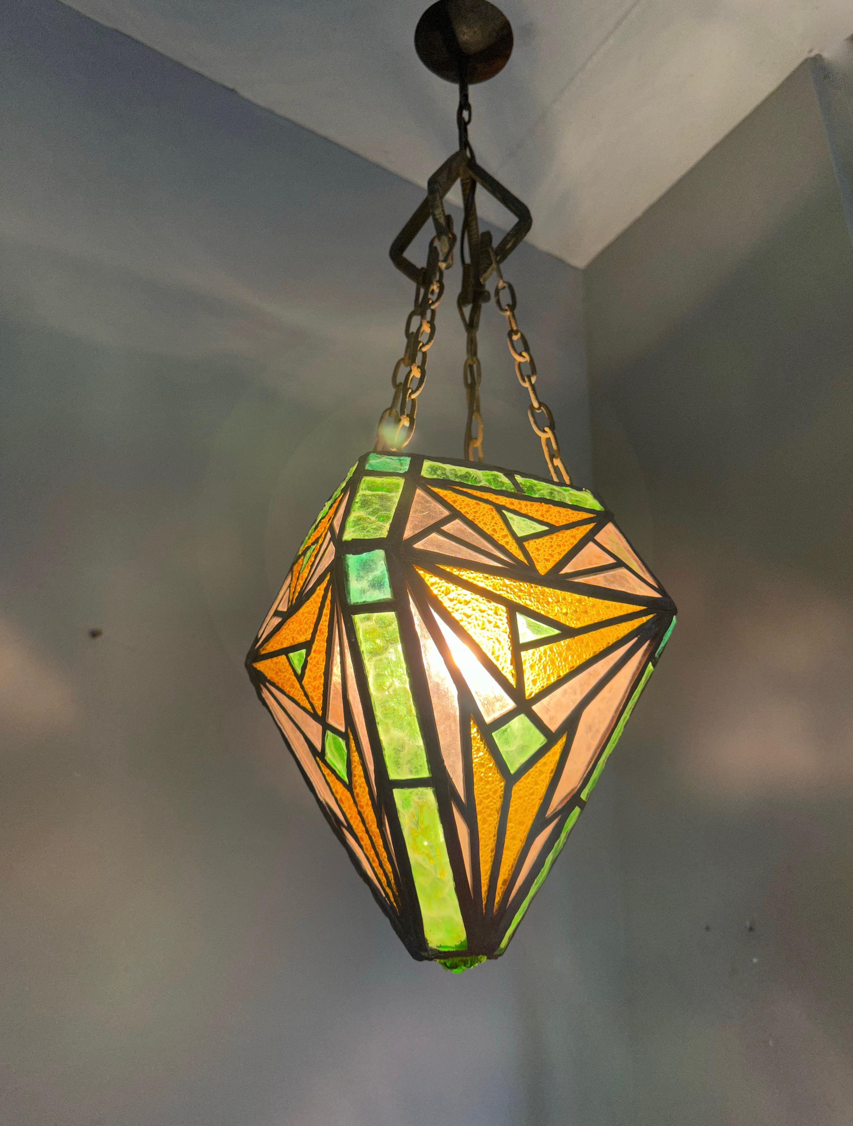 20th Century Handcrafted Stained Glass Art Deco Glass Pendant Geometric Design & Great Colors