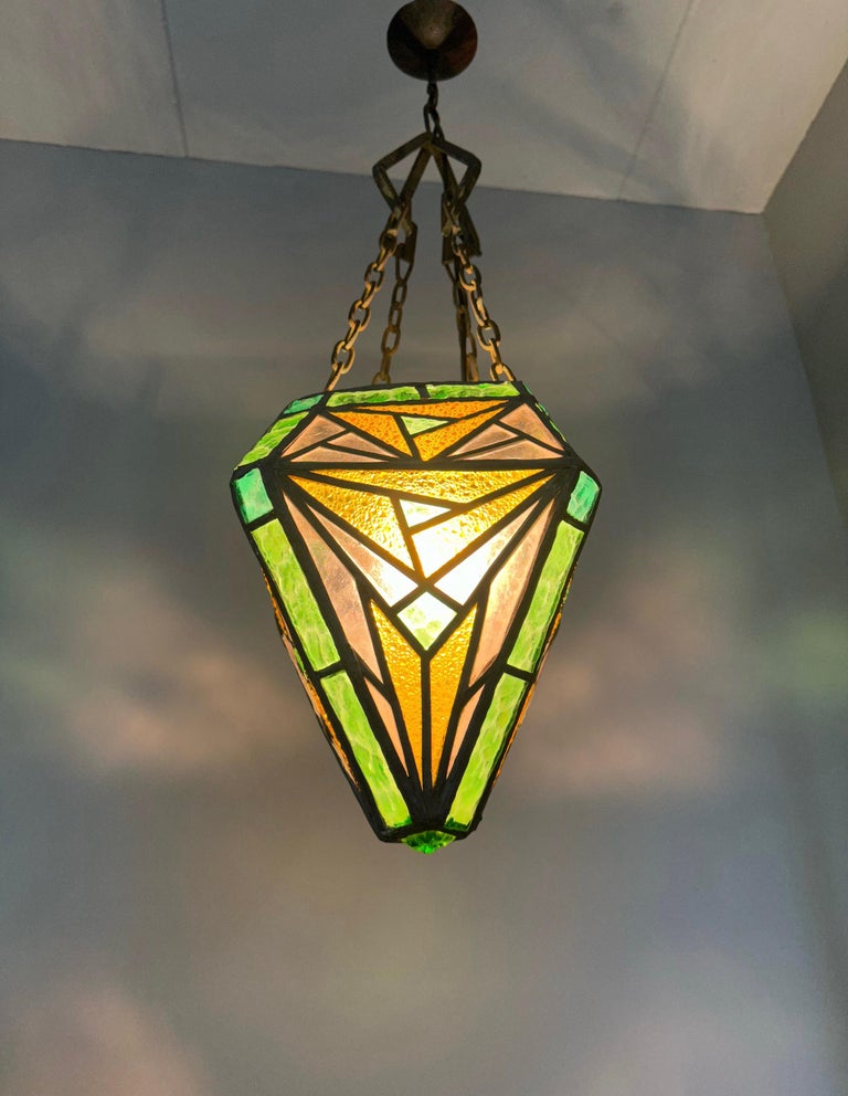 Handcrafted Stain Leaded Art Deco Glass Pendant Geometric Design and