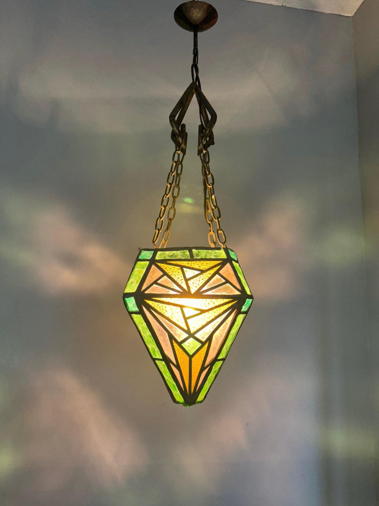 Handcrafted Stain Leaded Art Deco Glass Pendant Geometric Design and