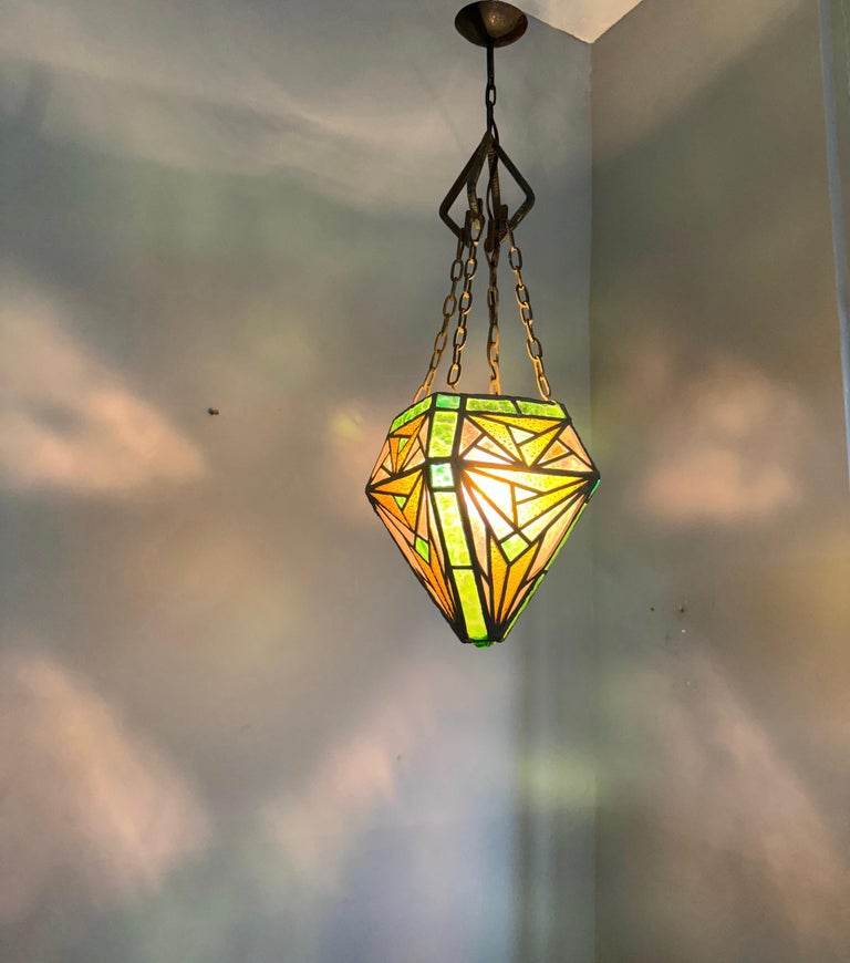 Handcrafted Stain Leaded Art Deco Glass Pendant Geometric Design and