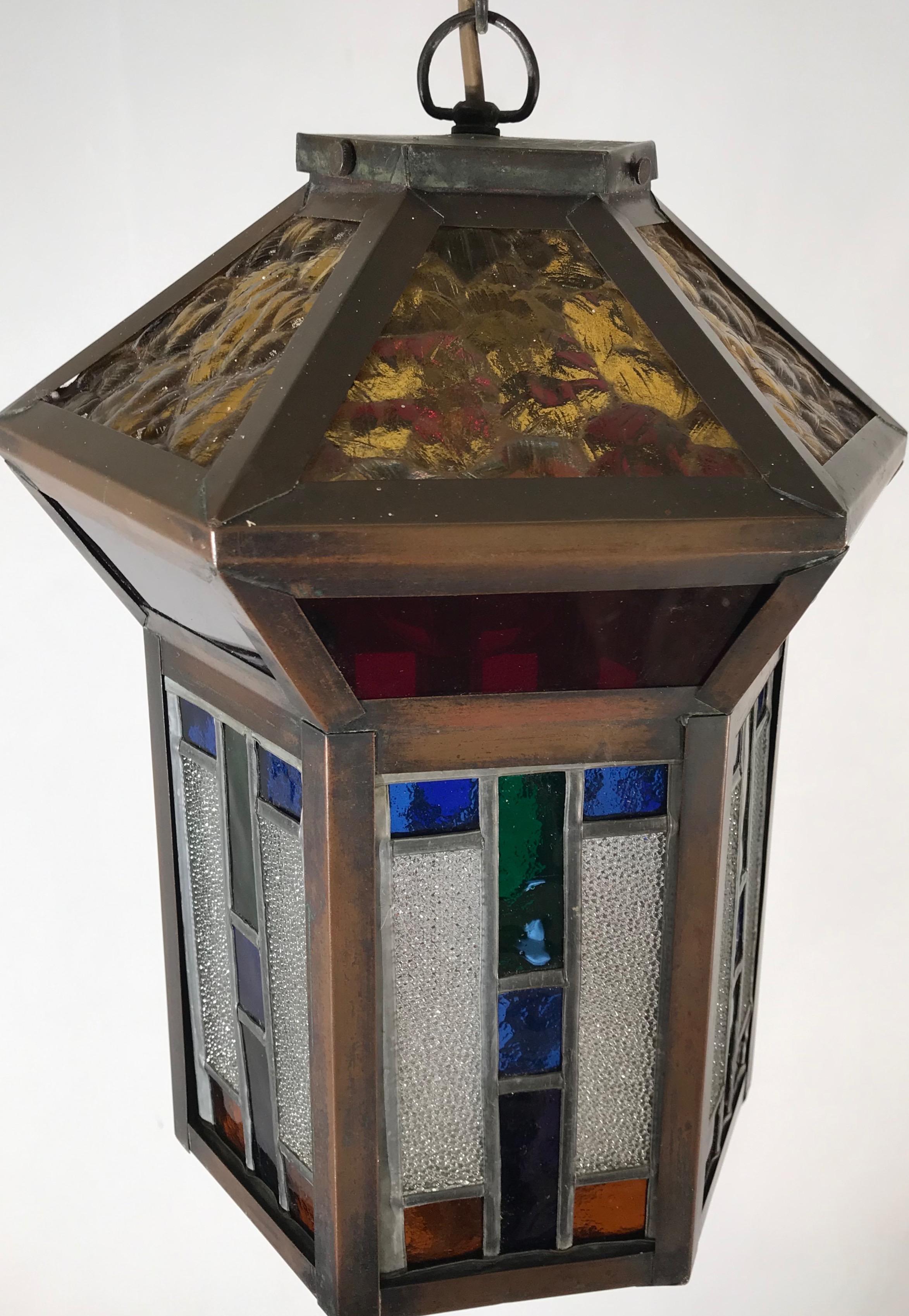 Handcrafted Stain Leaded Glass Geometric Design Art Deco entry hall Pendant In Good Condition In Lisse, NL