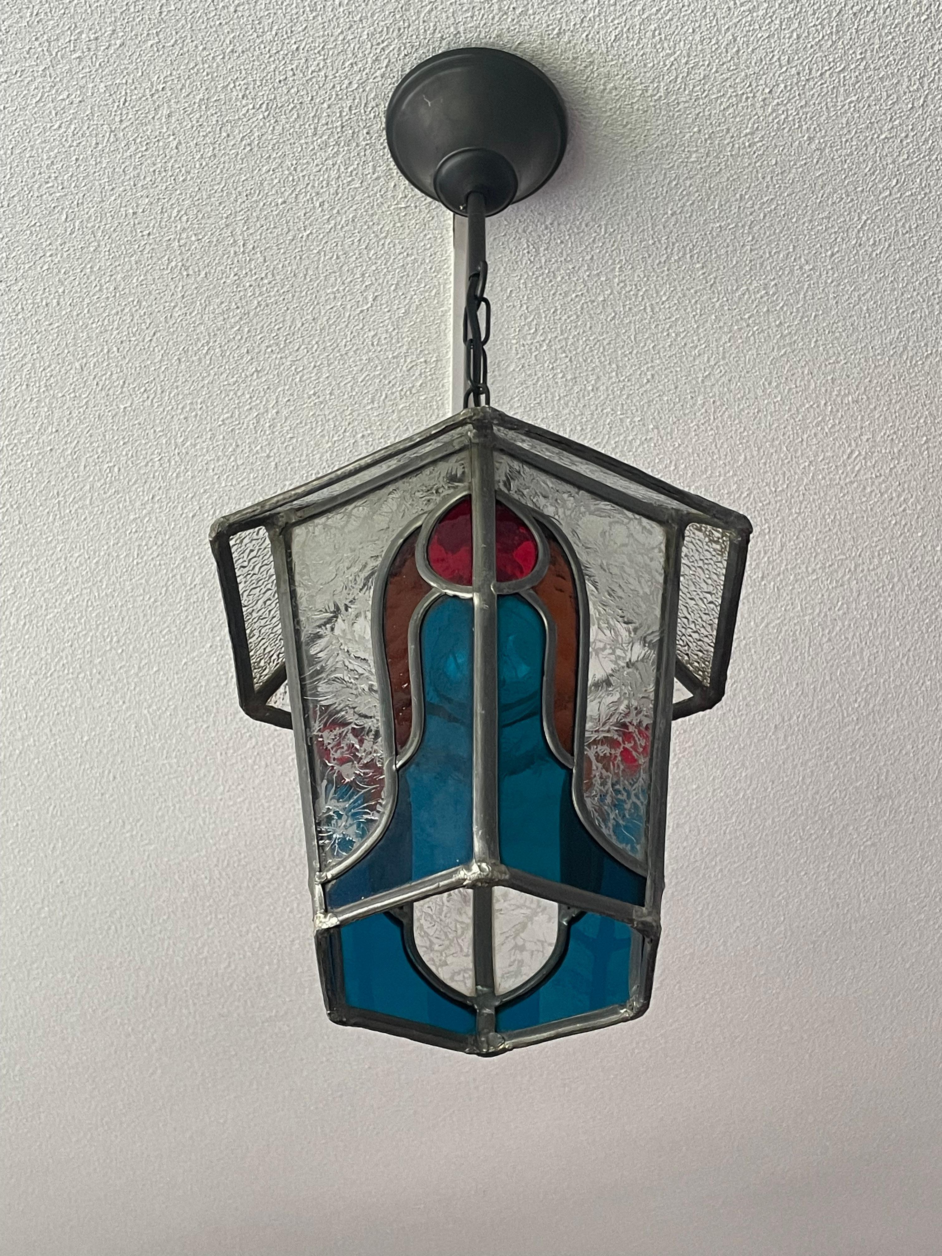 Handcrafted Stained Glass Art Deco Pendant with Stylized Angels in Great Colors For Sale 2