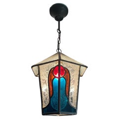Antique Handcrafted Stained Glass Art Deco Pendant with Stylized Angels in Great Colors
