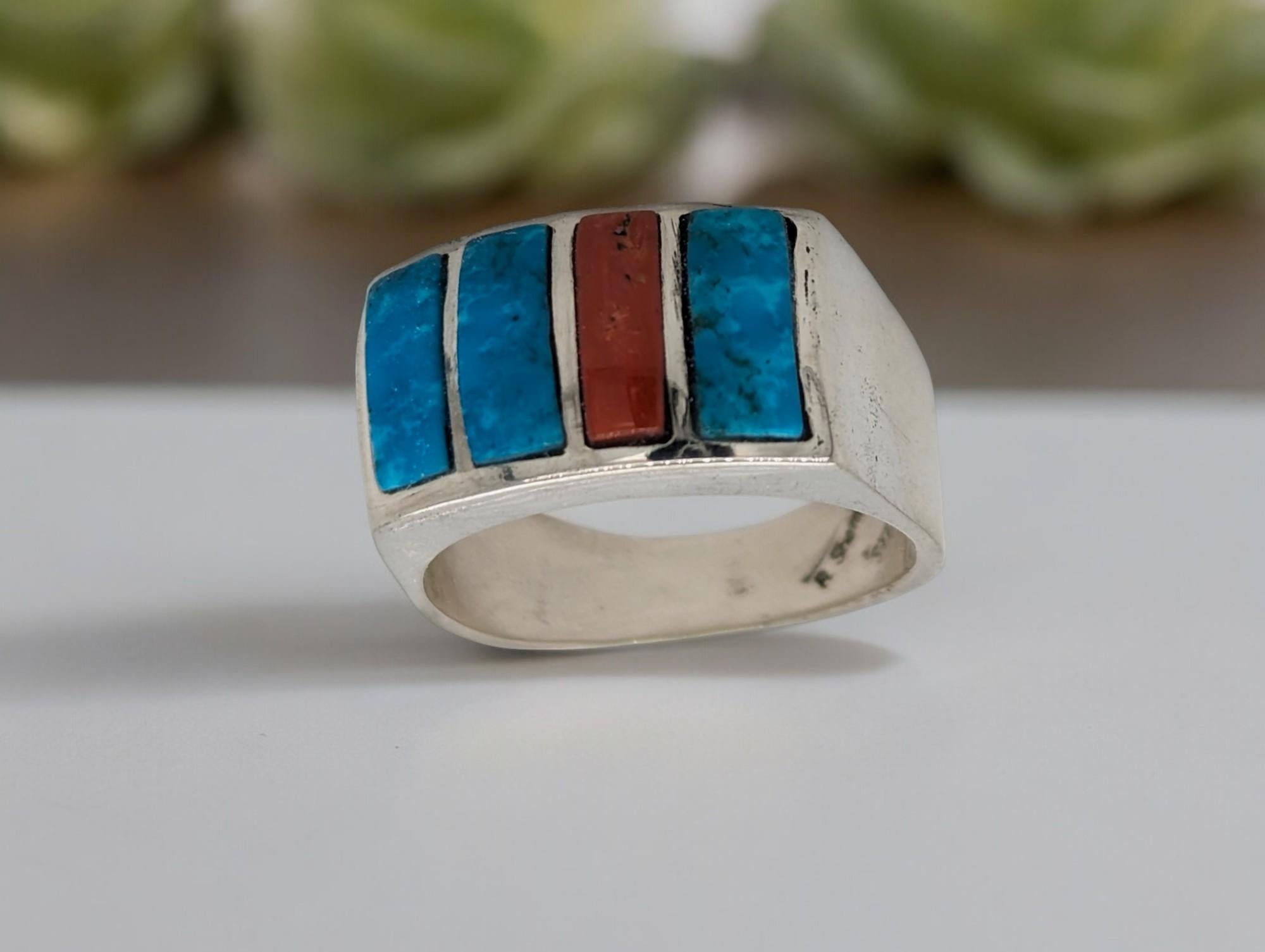 Bague artisanale en argent sterling à trois pierres corail et turquoise Neuf - En vente à Greeneville, TN