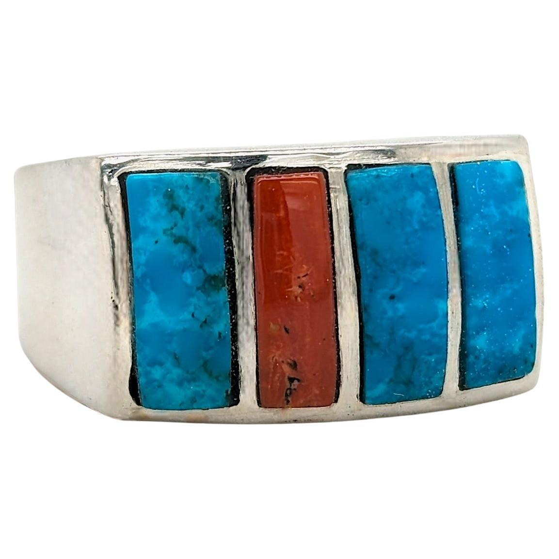 Handcrafted Sterling silver Coral & Turquoise Ring Sterling Silver Three Stone