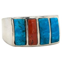 Handcrafted Sterling silver Coral & Turquoise Ring Sterling Silver Three Stone