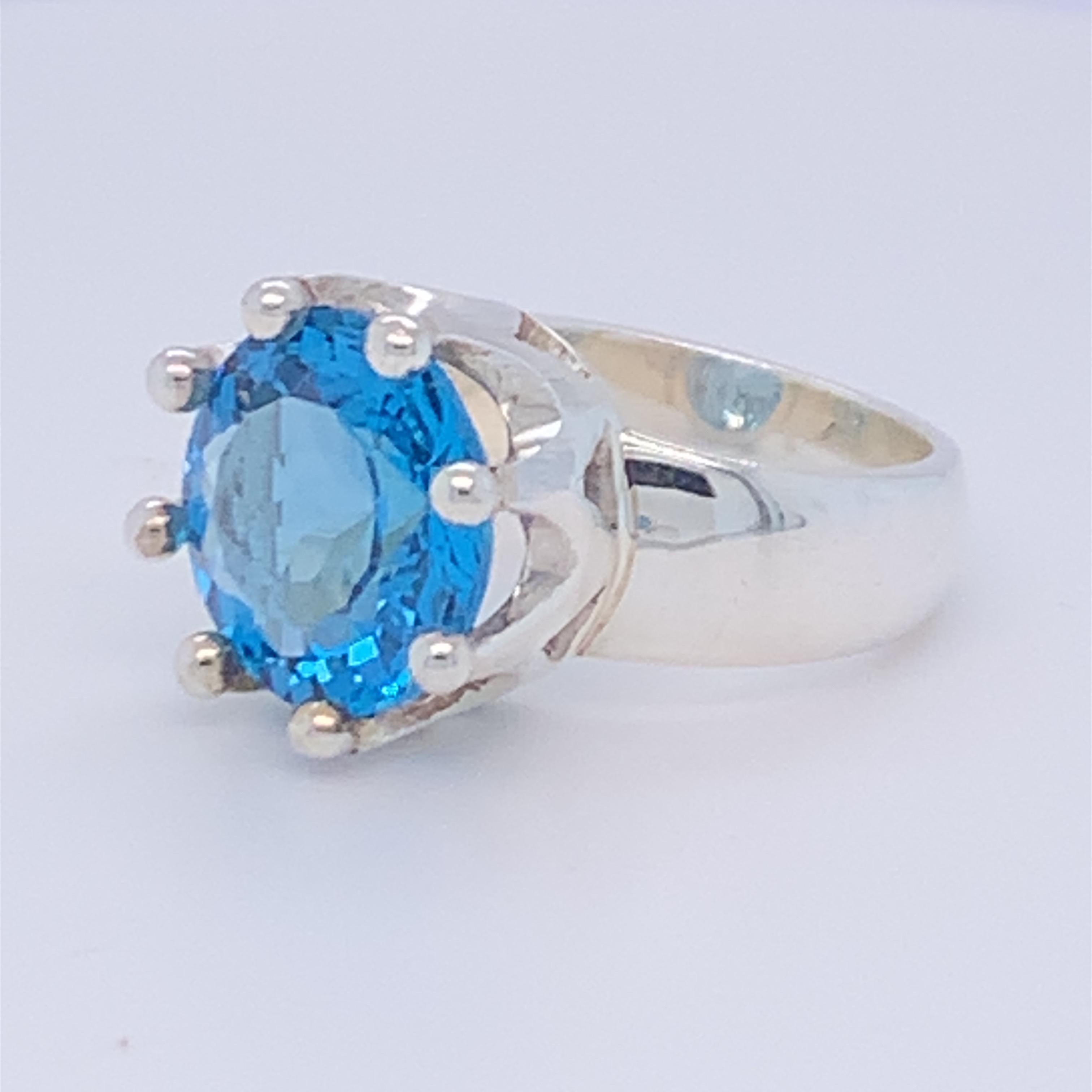 Artisan Handcrafted Sterling Silver Crown Design Blue Topaz Ring For Sale