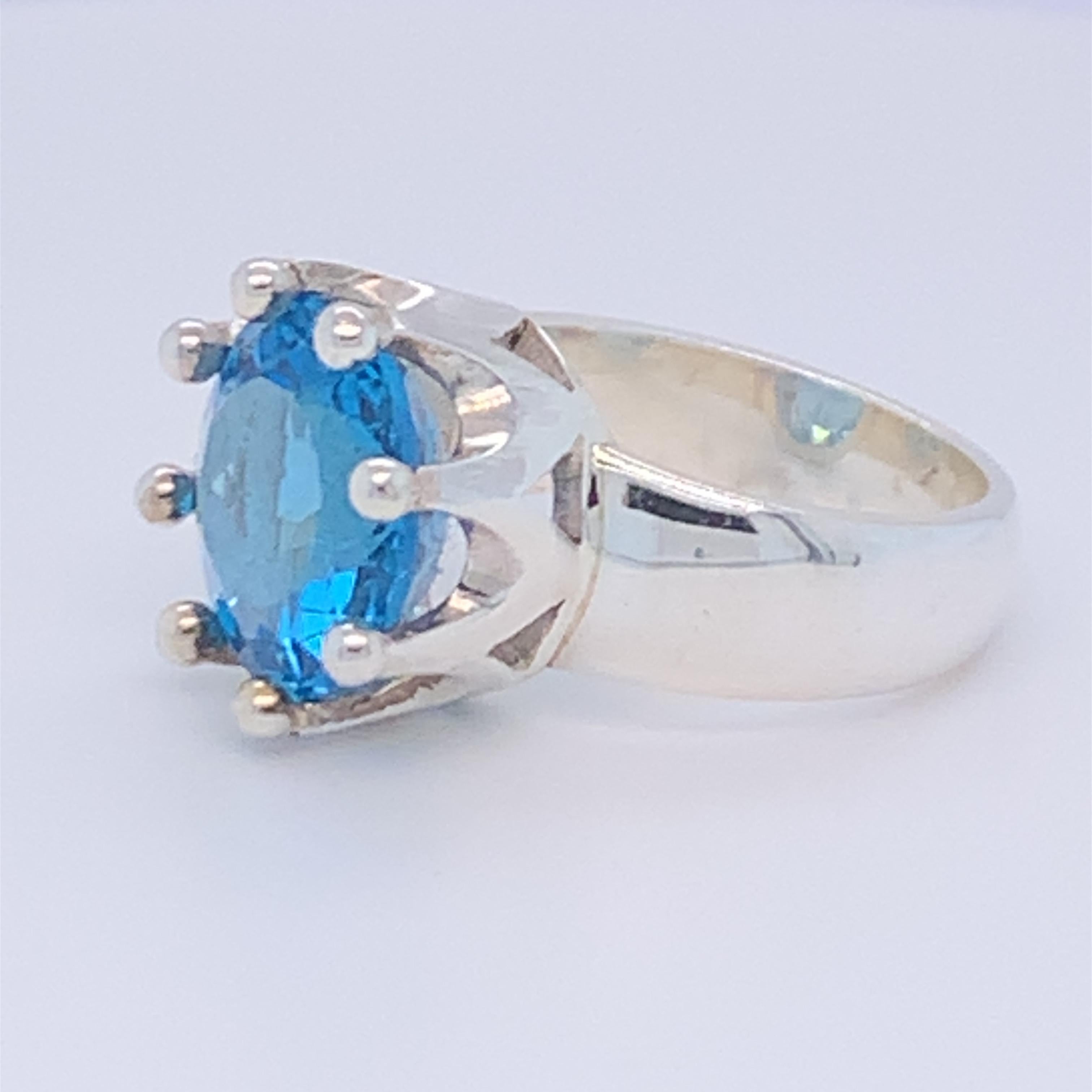 Women's Handcrafted Sterling Silver Crown Design Blue Topaz Ring For Sale