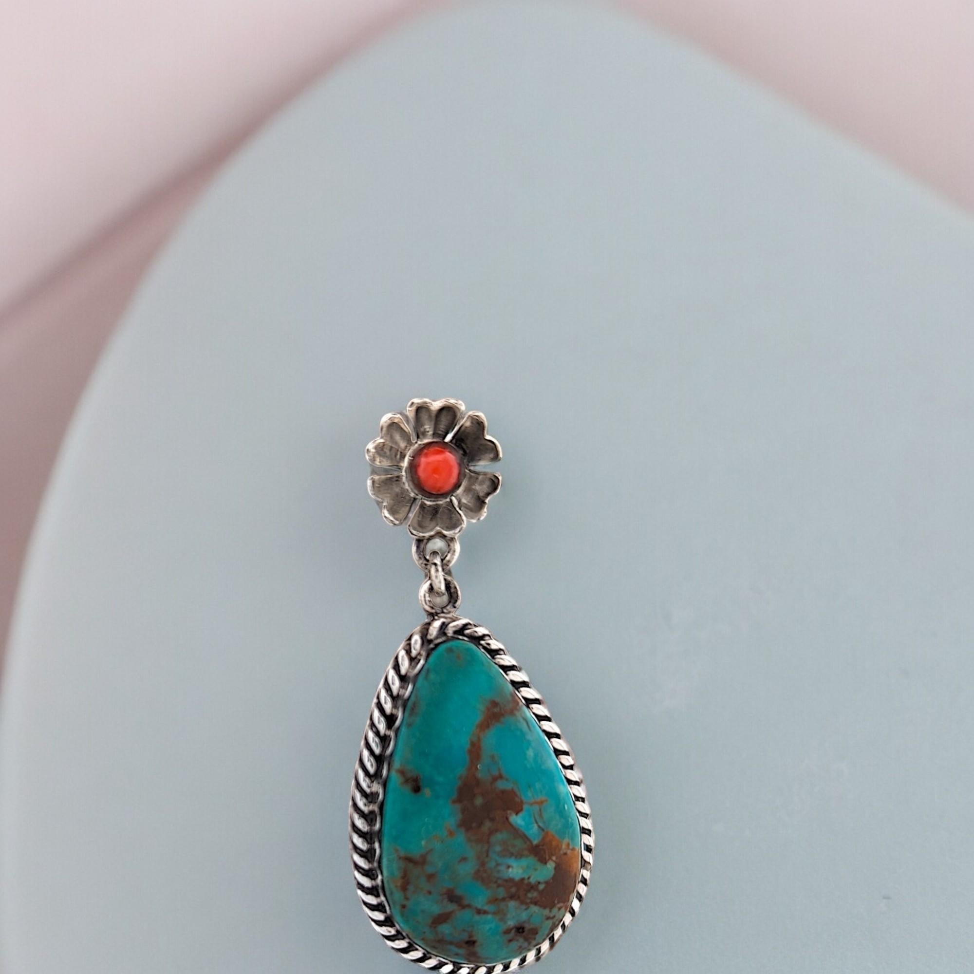 Artisan Handcrafted Sterling silver earrings featuring authentic Kingman Turquoise For Sale