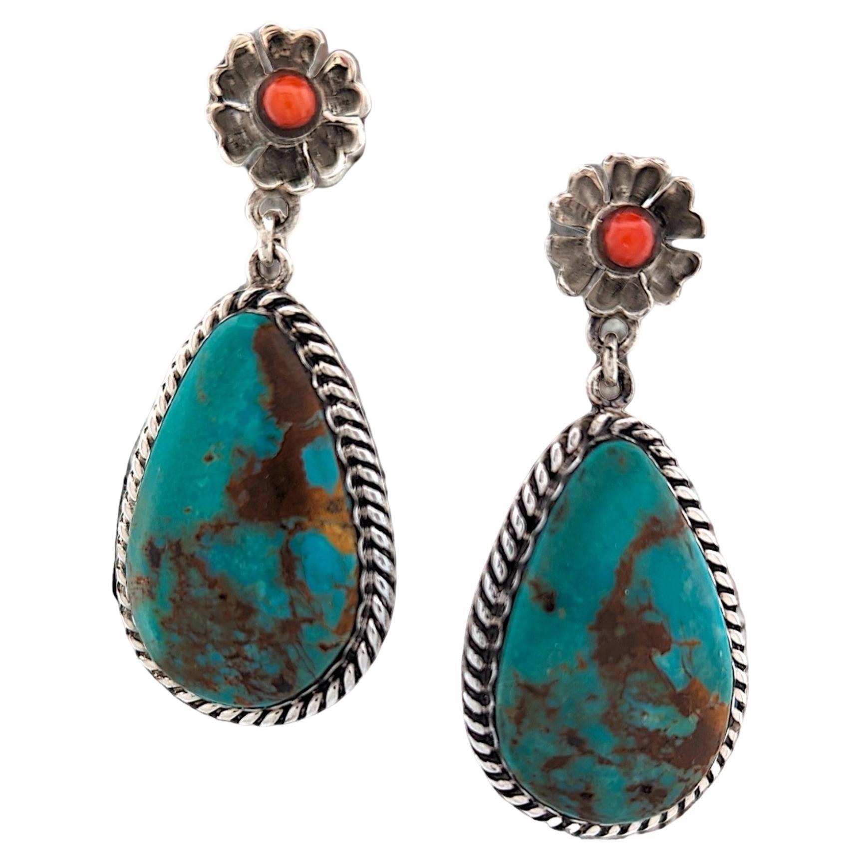 Handcrafted Sterling silver earrings featuring authentic Kingman Turquoise For Sale