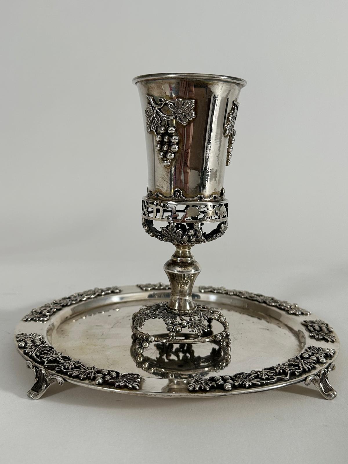 20th Century Handcrafted Sterling Silver Kiddush Cup and Plate Set  Signed  Israel, 1980 For Sale