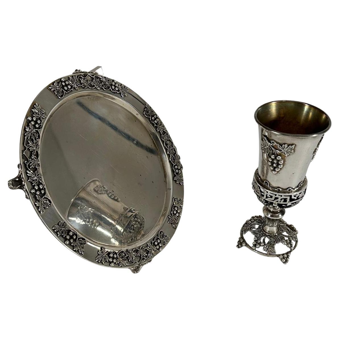 Handcrafted Sterling Silver Kiddush Cup and Plate Set  Signed  Israel, 1980 For Sale