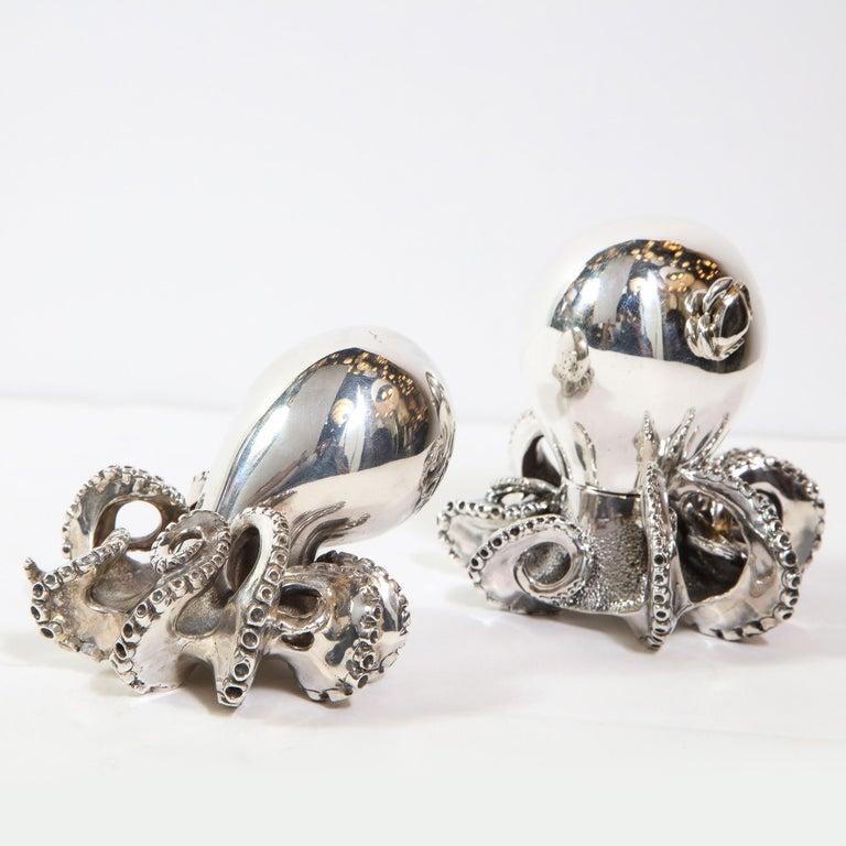 Italian Handcrafted Sterling Silver Octopus Salt Shaker and Pepper Mill by Missiaglia For Sale