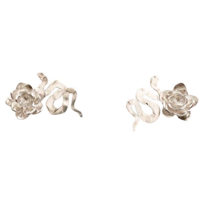 Dolores Ortega Snake and Flower Earrings Handcrafted in Sterling Silver