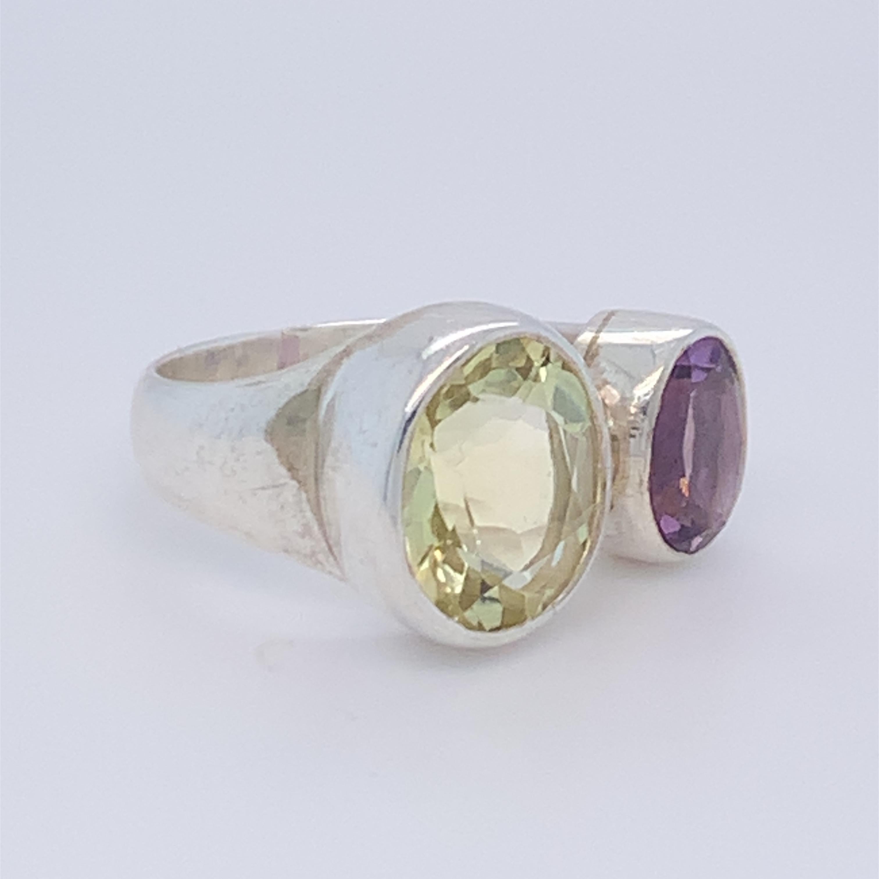 Handcrafted Sterling Silver Two-Stone Amethyst and Lemon Quartz Ring For Sale 3