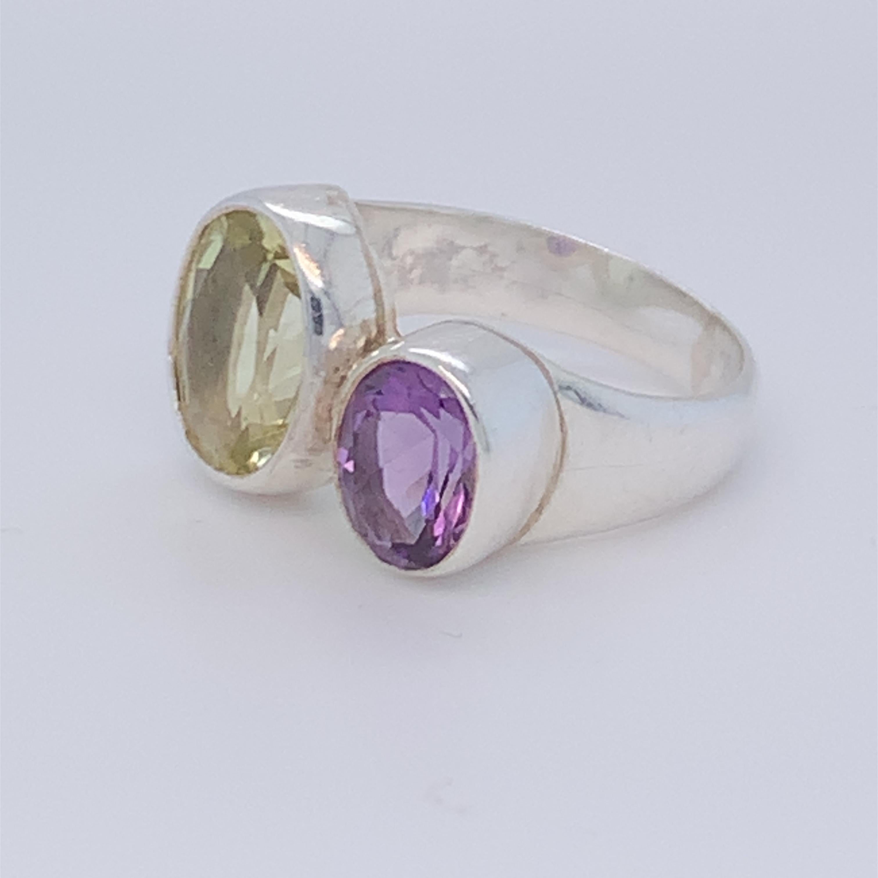 Handcrafted Sterling Silver Two-Stone Amethyst and Lemon Quartz Ring For Sale 4
