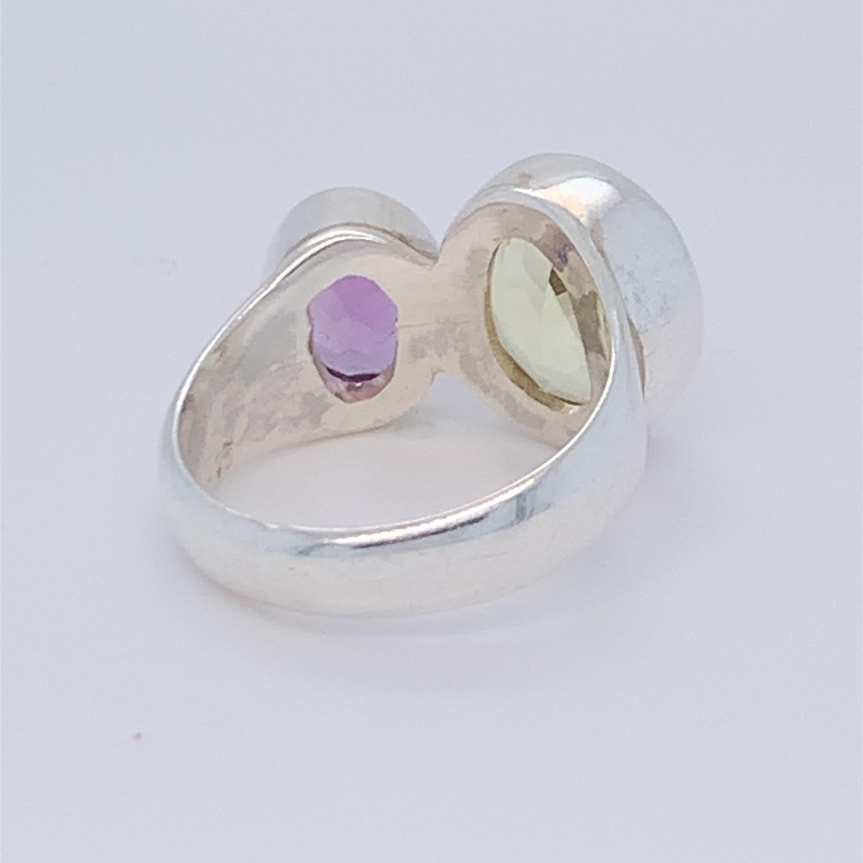 Handcrafted Sterling Silver Two-Stone Amethyst and Lemon Quartz Ring For Sale 5