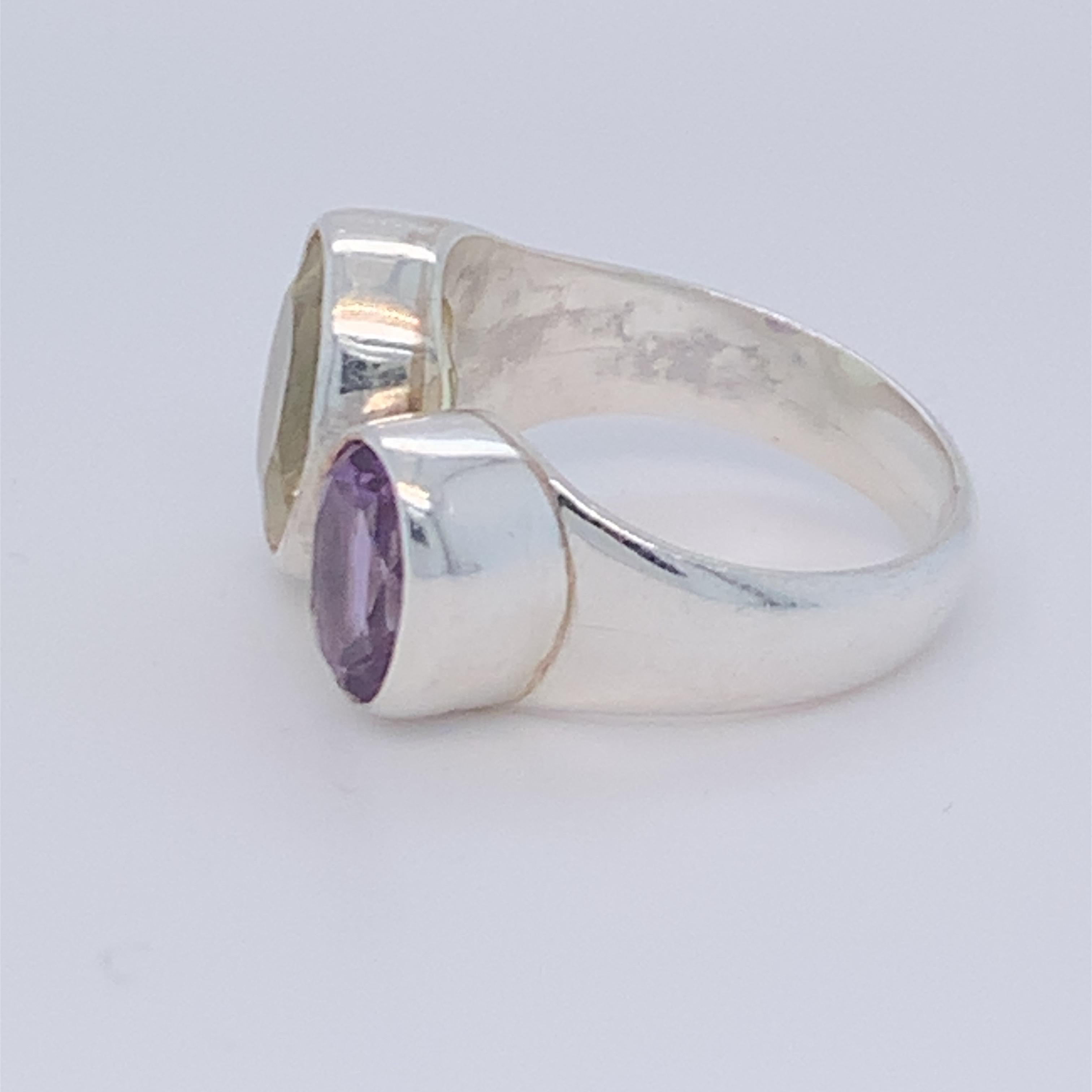 Handcrafted Sterling Silver Two-Stone Amethyst and Lemon Quartz Ring For Sale 6