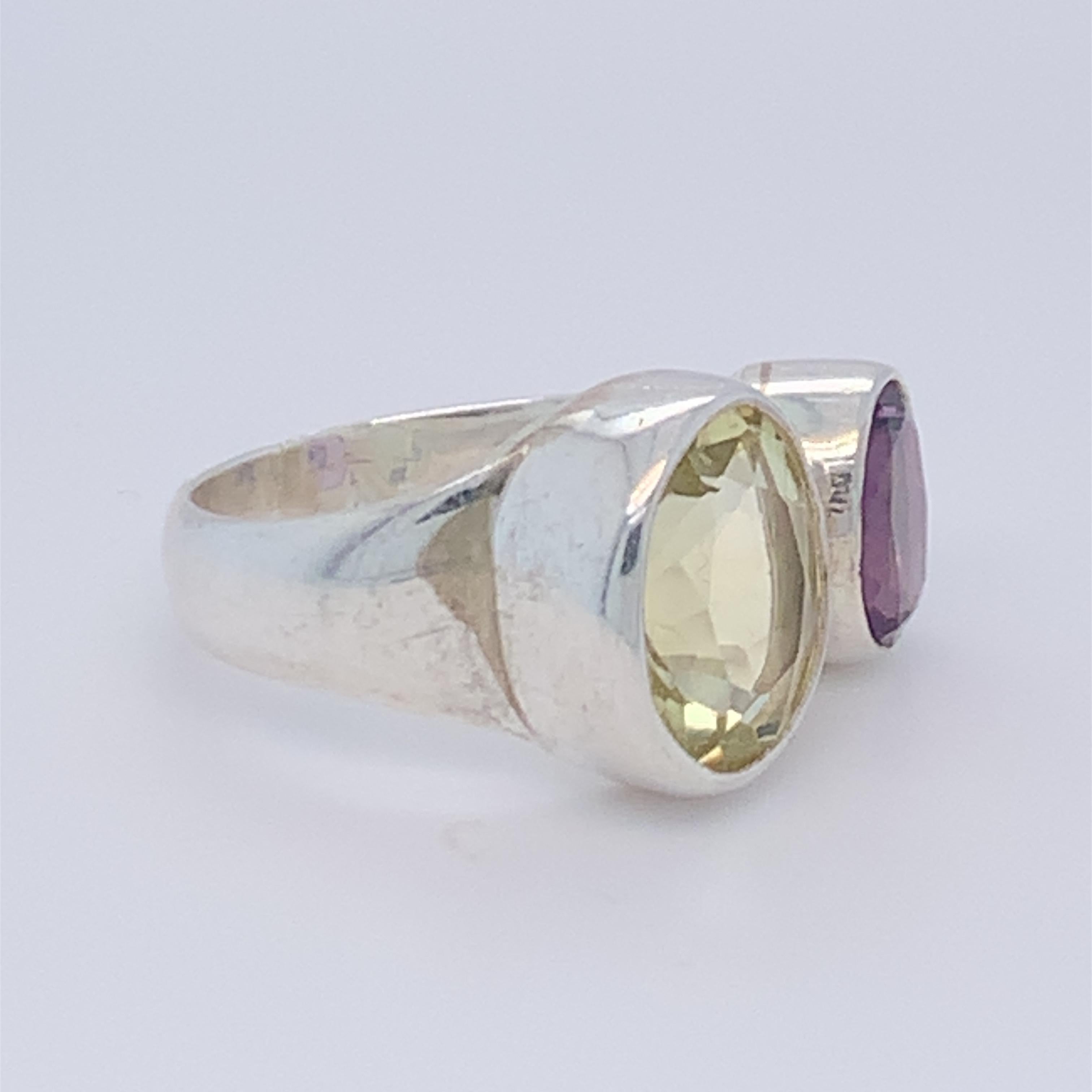 Oval Cut Handcrafted Sterling Silver Two-Stone Amethyst and Lemon Quartz Ring For Sale
