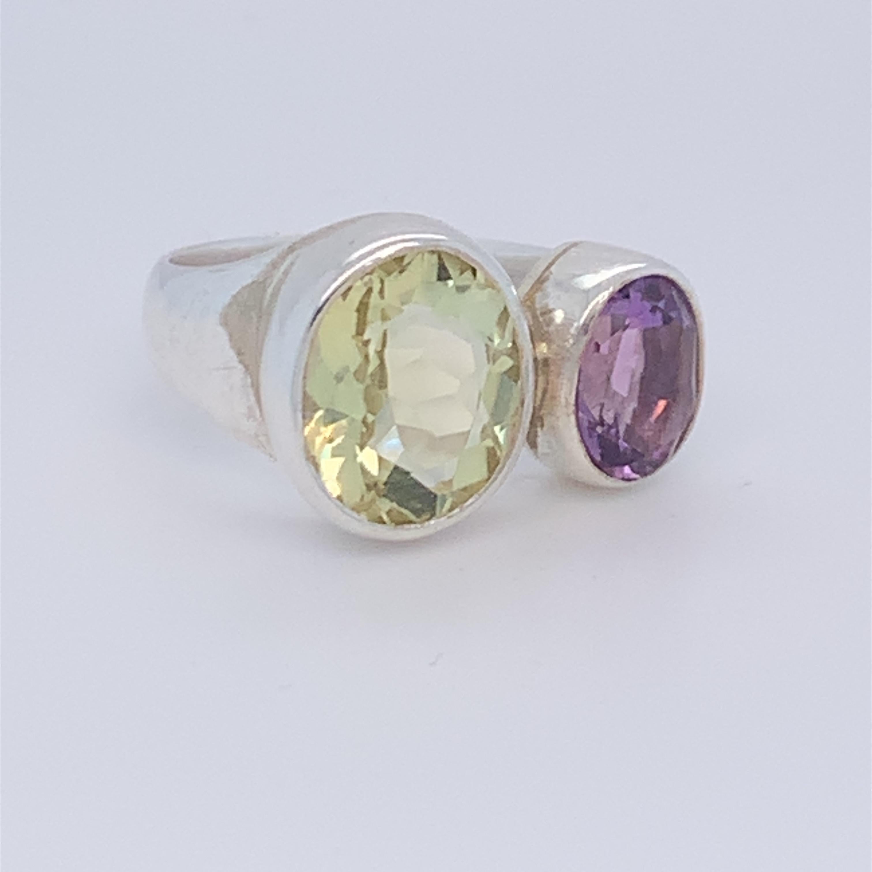 Handcrafted Sterling Silver Two-Stone Amethyst and Lemon Quartz Ring In New Condition For Sale In Trumbull, CT