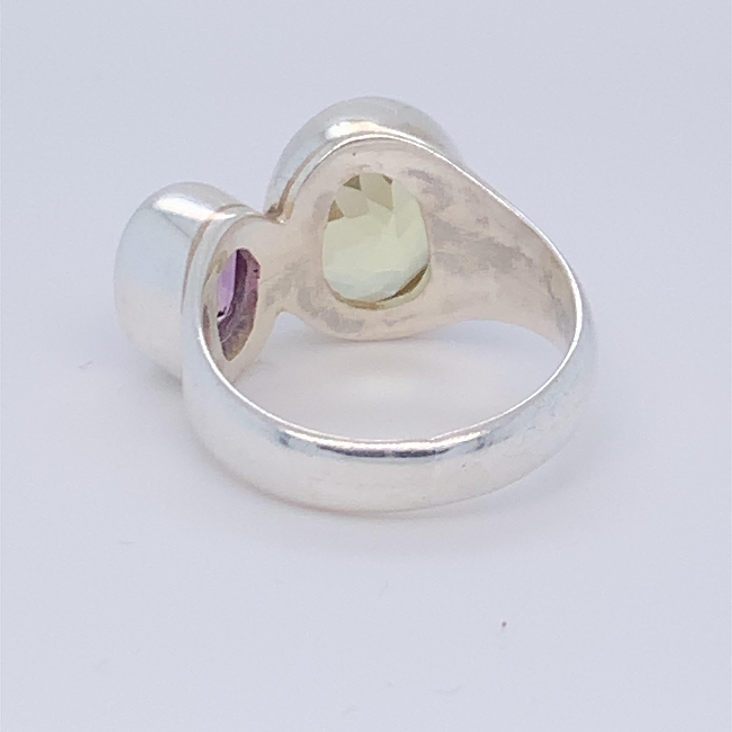 Women's Handcrafted Sterling Silver Two-Stone Amethyst and Lemon Quartz Ring For Sale
