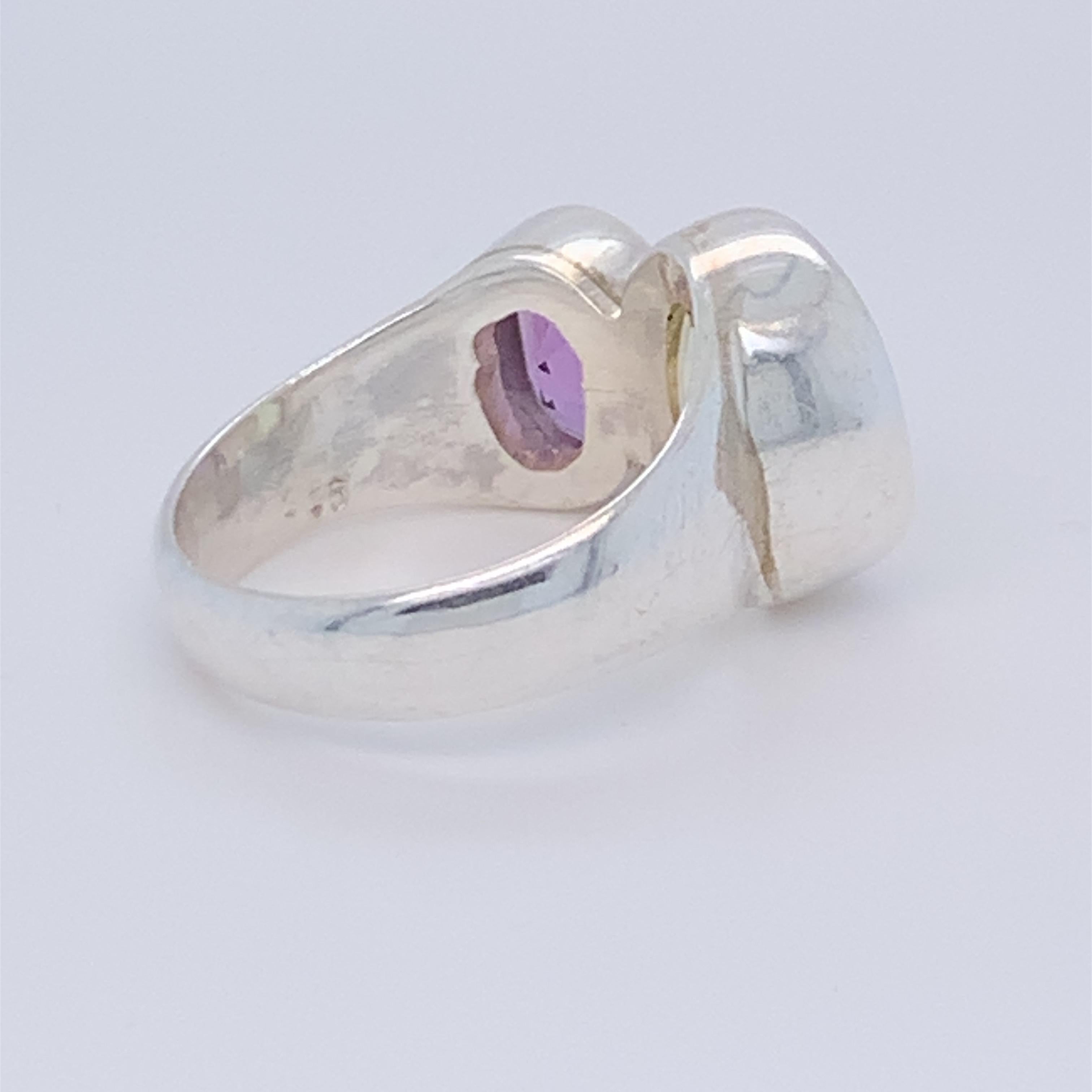 Handcrafted Sterling Silver Two-Stone Amethyst and Lemon Quartz Ring For Sale 2