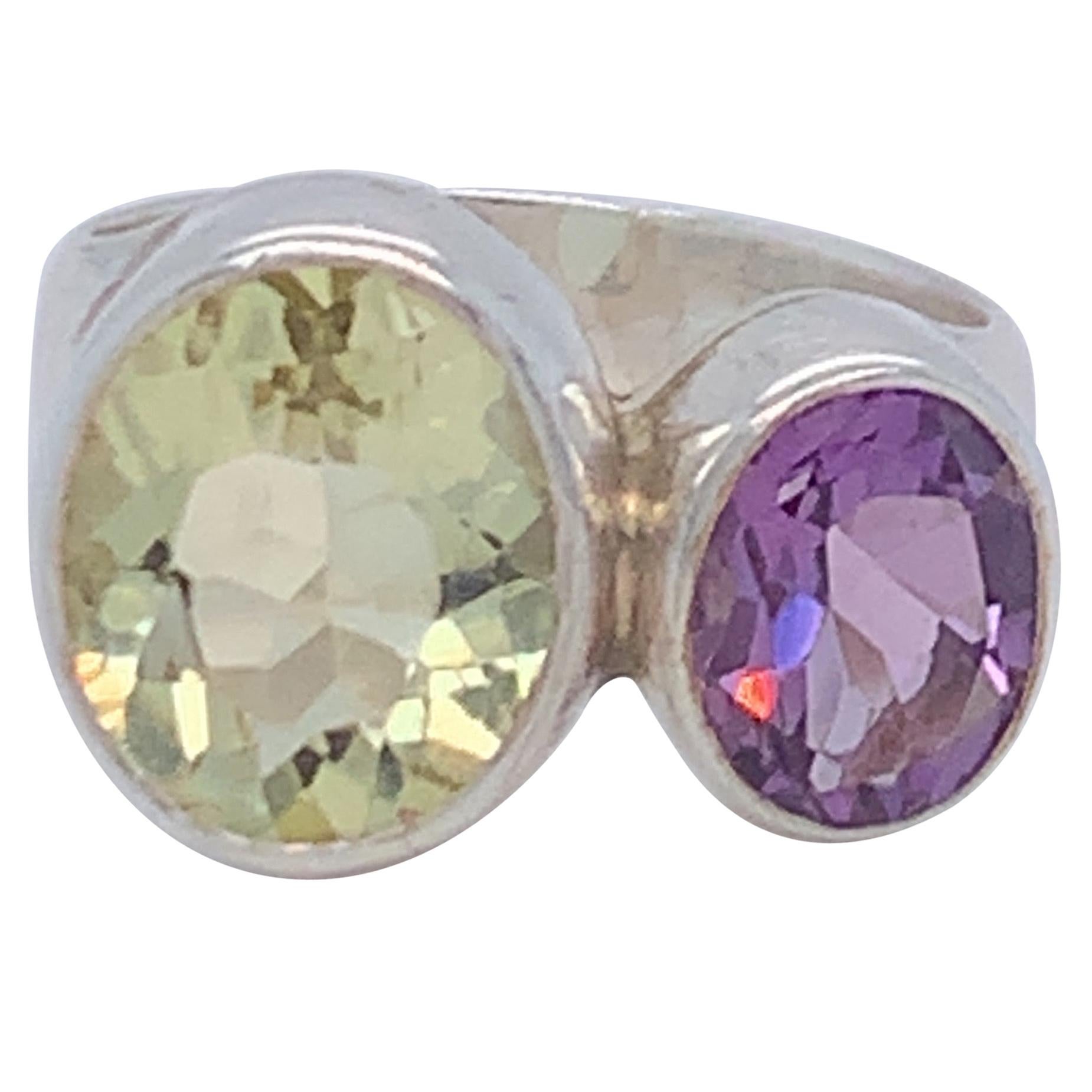 Handcrafted Sterling Silver Two-Stone Amethyst and Lemon Quartz Ring For Sale