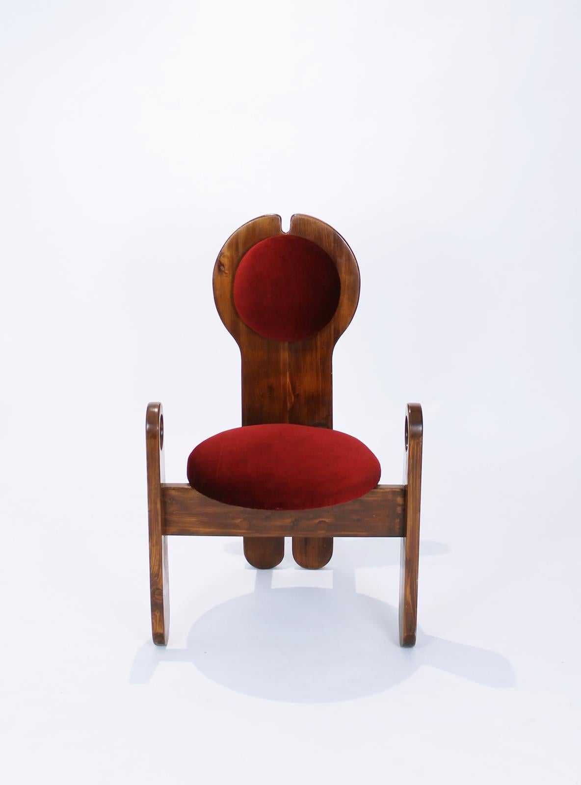 Unique and original form design piece from Hungary, 1970s.
 Designed by Szedleczkyné Leszl Mária. Signed.
 Very organic pistil-like shape with unique armrest.
 Seat and back upholstered in velvet.
Overall, this rare chair has a great