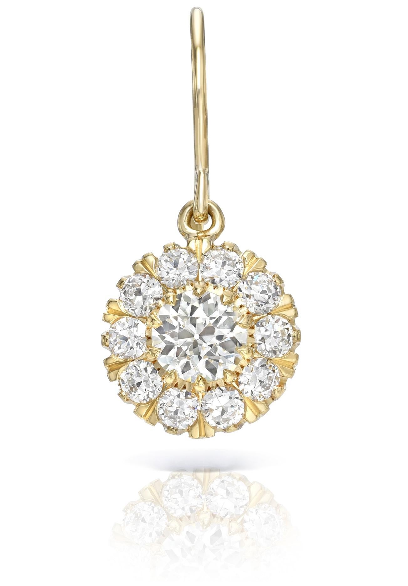 1.15ctw L-M/VS1 GIA certified old European cut diamonds with 1.11ctw old European cut accent diamonds prong set in handcrafted 18K yellow gold drop earrings.