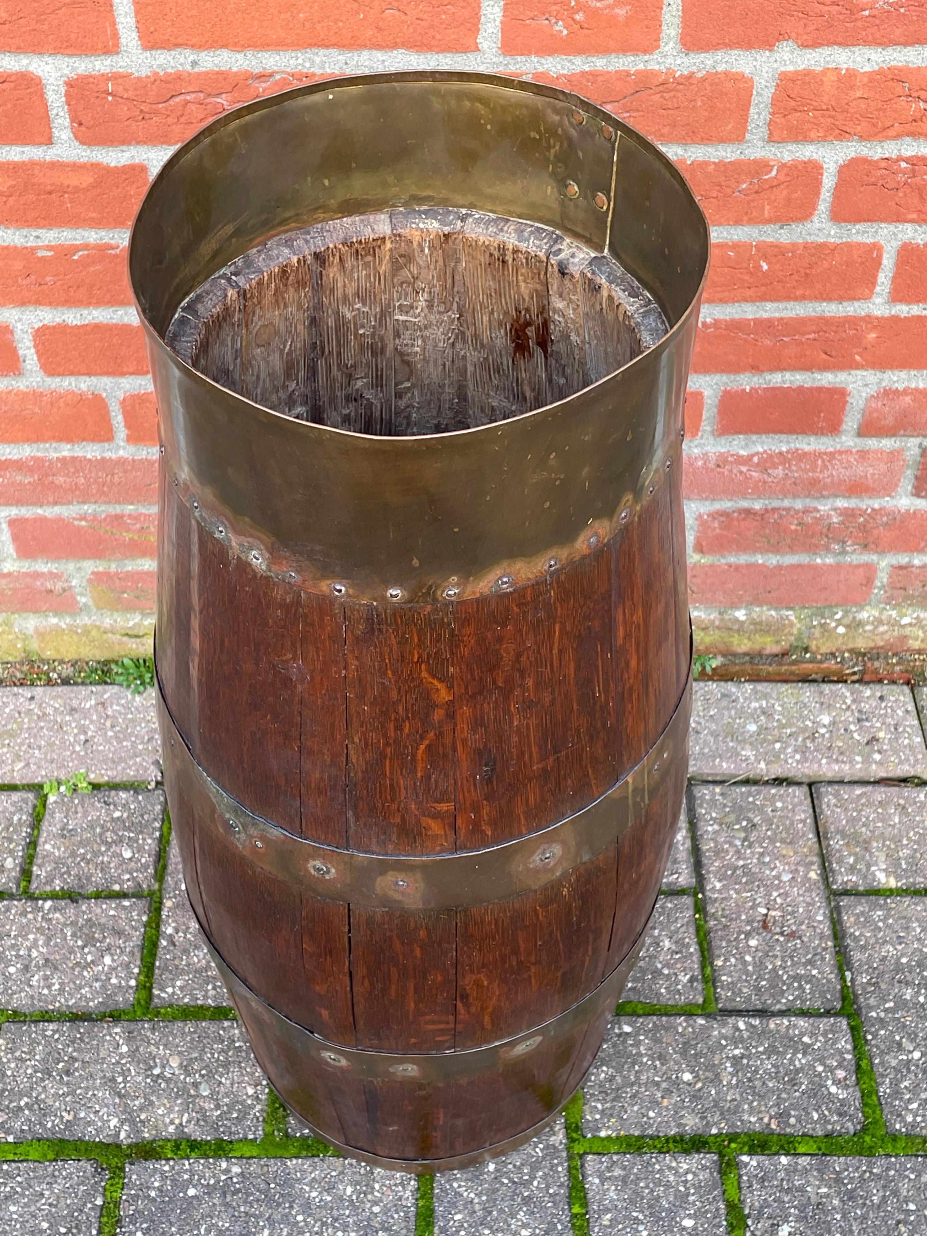 Dutch Handcrafted Tallest Antique Oak & Brass Barrel Design Umbrella and Stick Stand For Sale