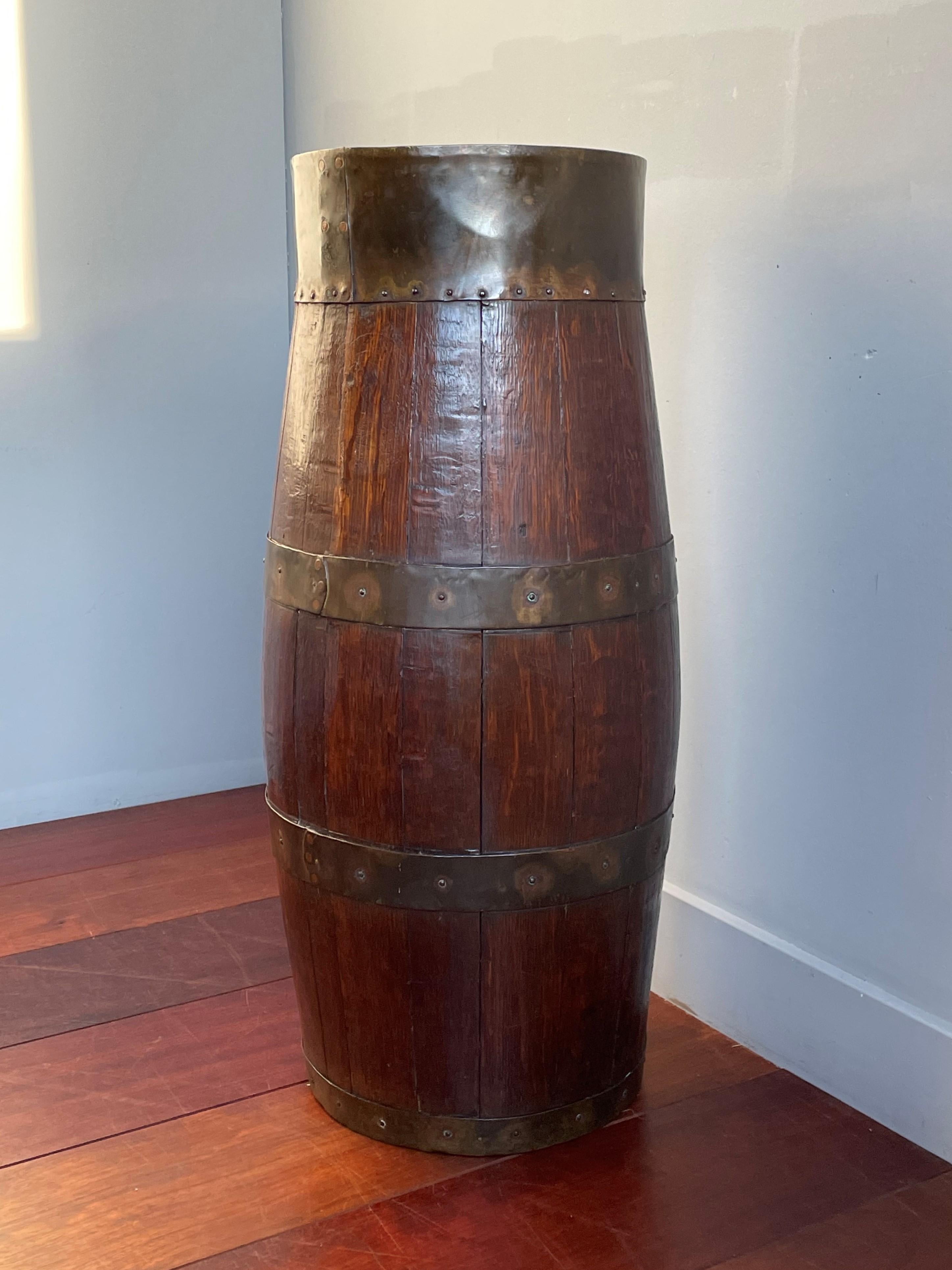 Handcrafted Tallest Antique Oak & Brass Barrel Design Umbrella and Stick Stand For Sale 1