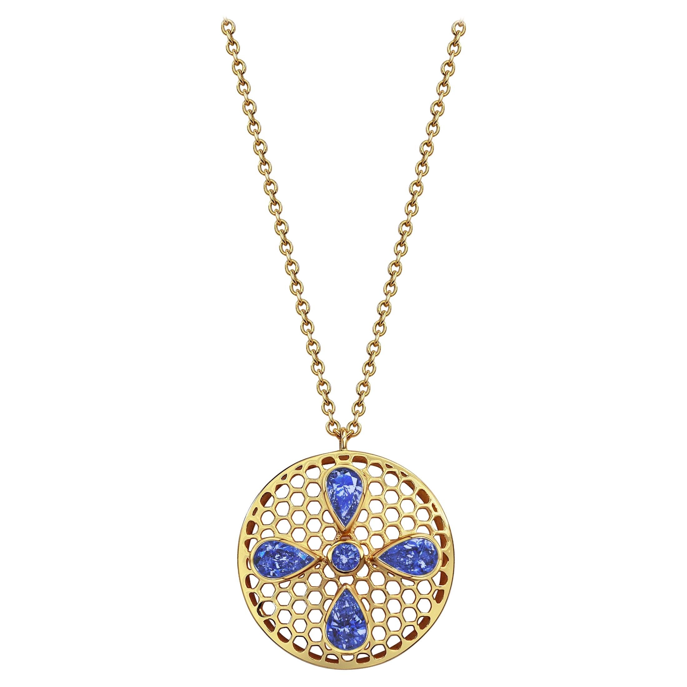 Handcrafted Tanzanites and 18 Karat Yellow Gold Pendant Necklace For Sale