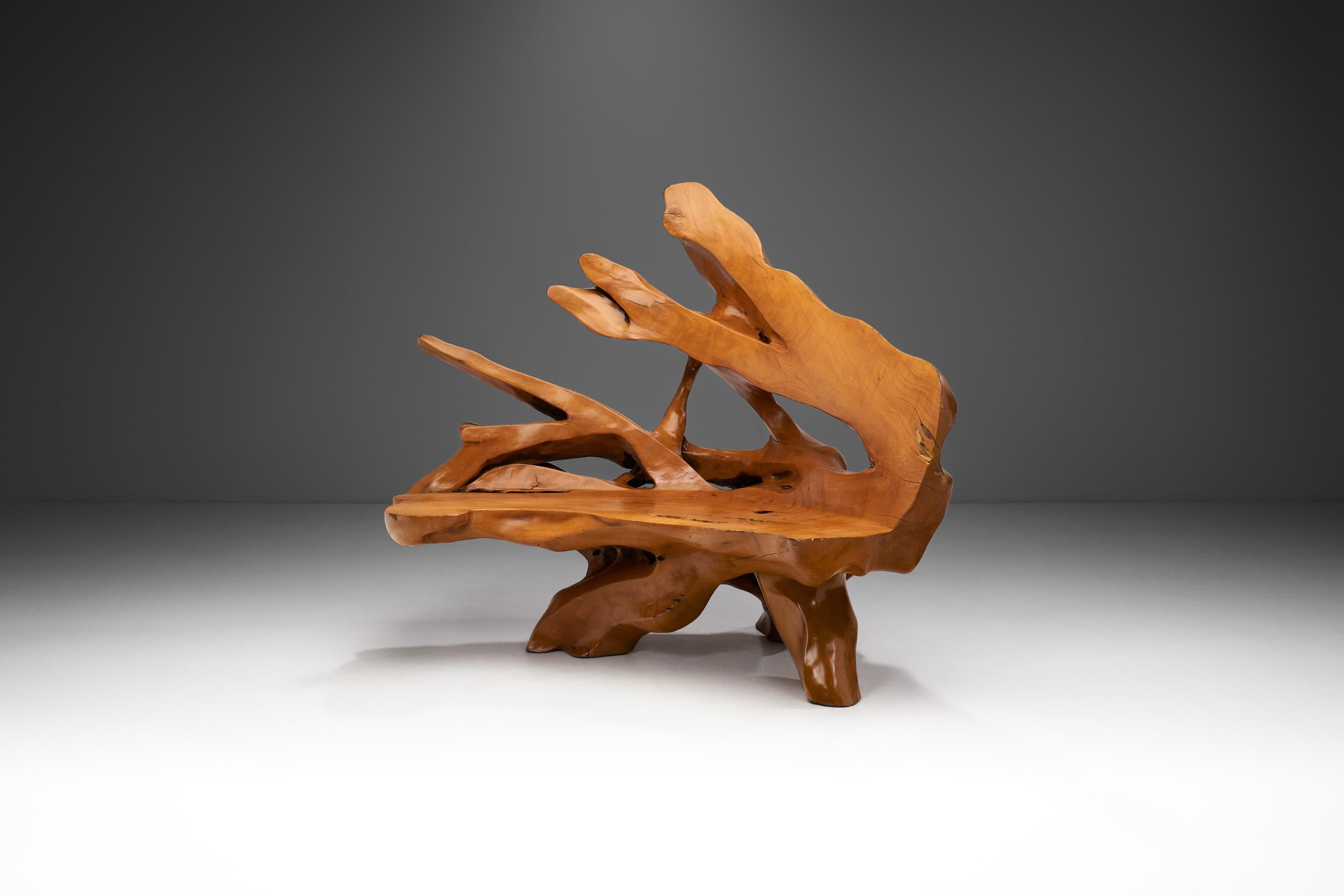 European Handcrafted Teak Root Bench, Europe Late 20th Century For Sale