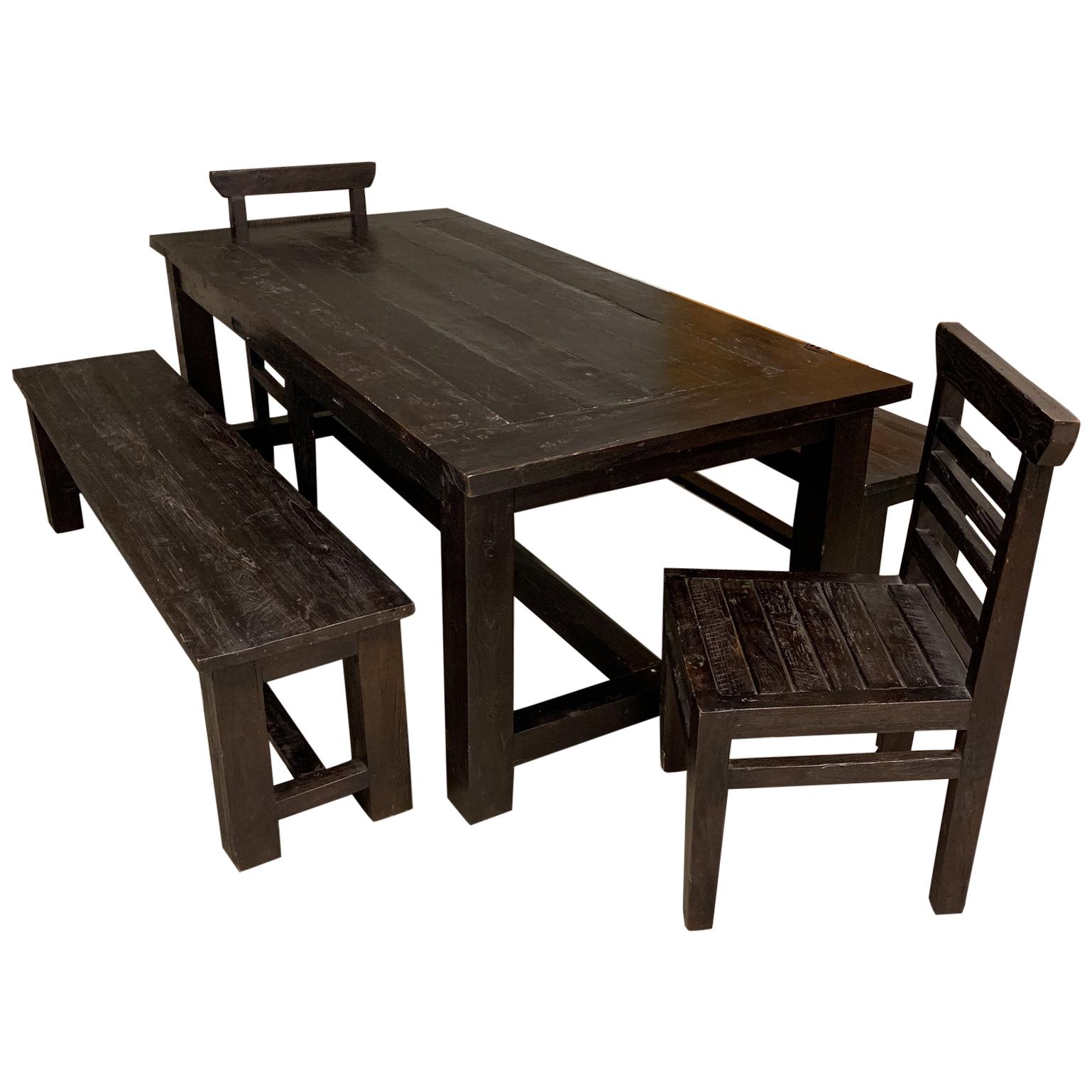 Handcrafted Teak Table and Two Benches and Two Chairs For Sale