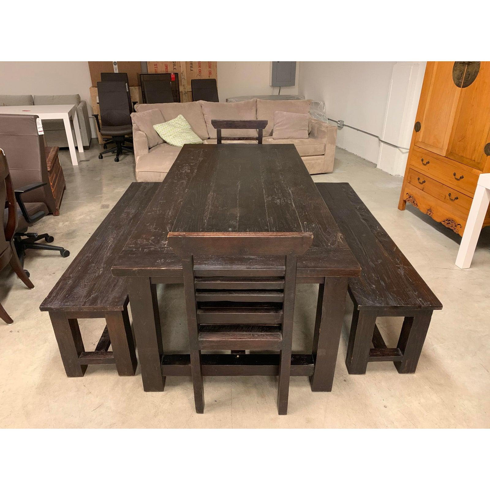 Wood Handcrafted Teak Table and Two Benches and Two Chairs For Sale