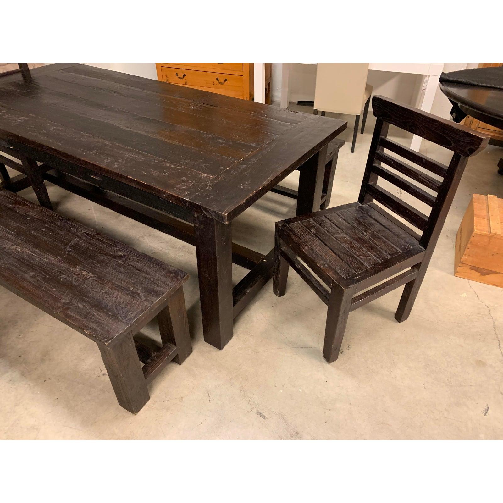 Rustic Handcrafted Teak Table and Two Benches and Two Chairs For Sale