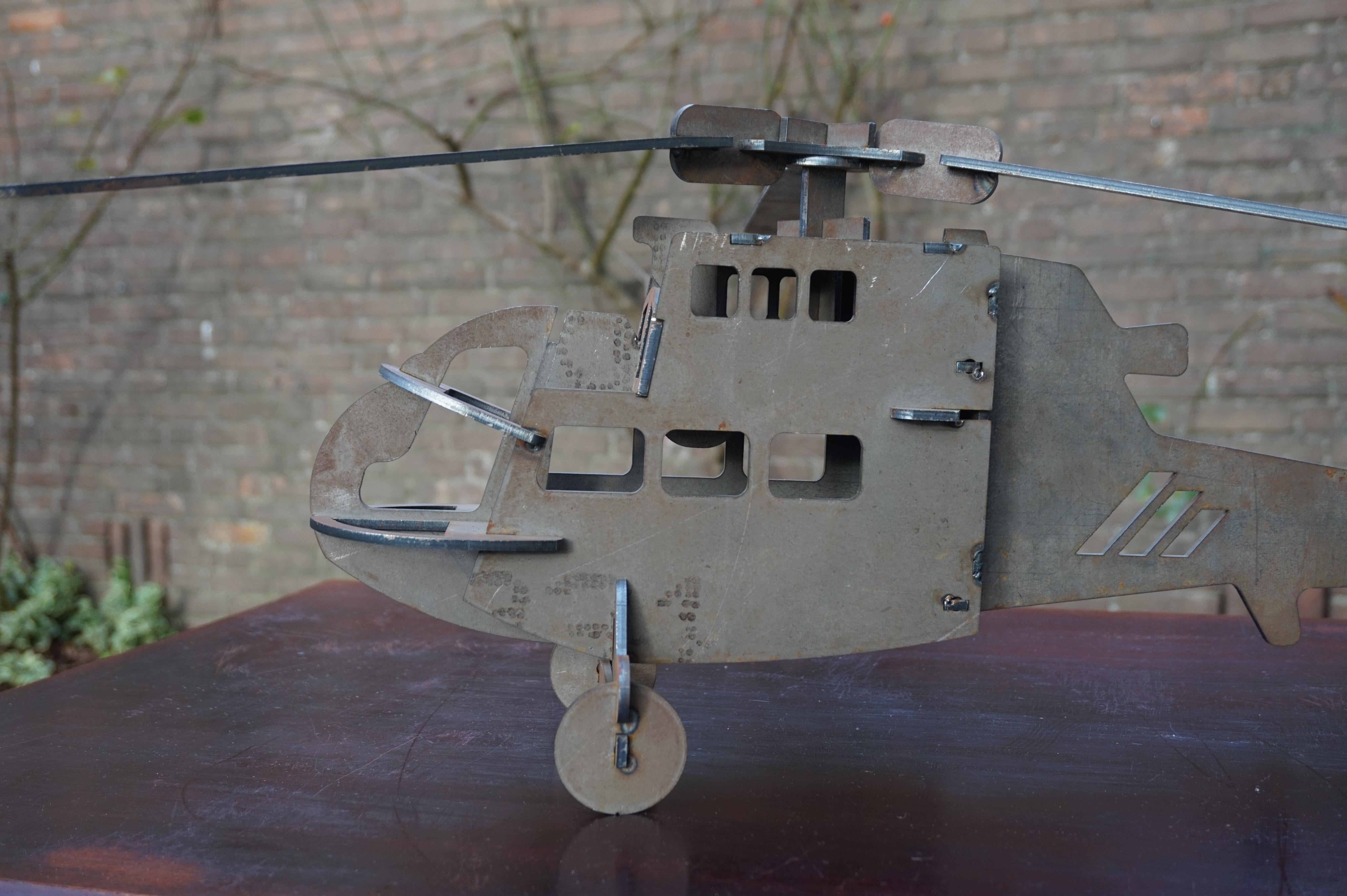 Hand-Crafted Handcrafted Thick Sheet Metal Folk Art Chopper / Army Helicopter Model Pendant For Sale