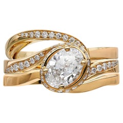 Handcrafted Trio of Rings, 18k Gold, Oval Diamond, with Micro-Set Diamonds