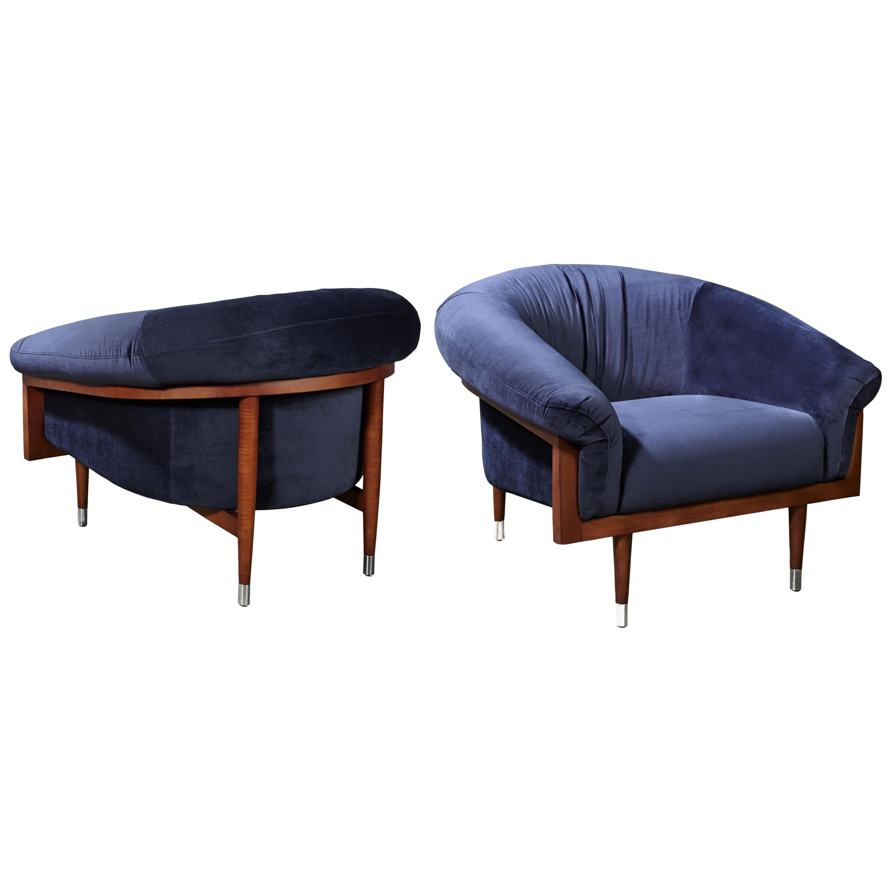Hand Tailored Armchair In Darkened Oak & Blue Velvet. For Sale