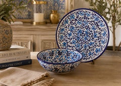 Handcrafted Turkish Ceramic Bowl & Serving Plate Set, Blue Floral Iznik Plate