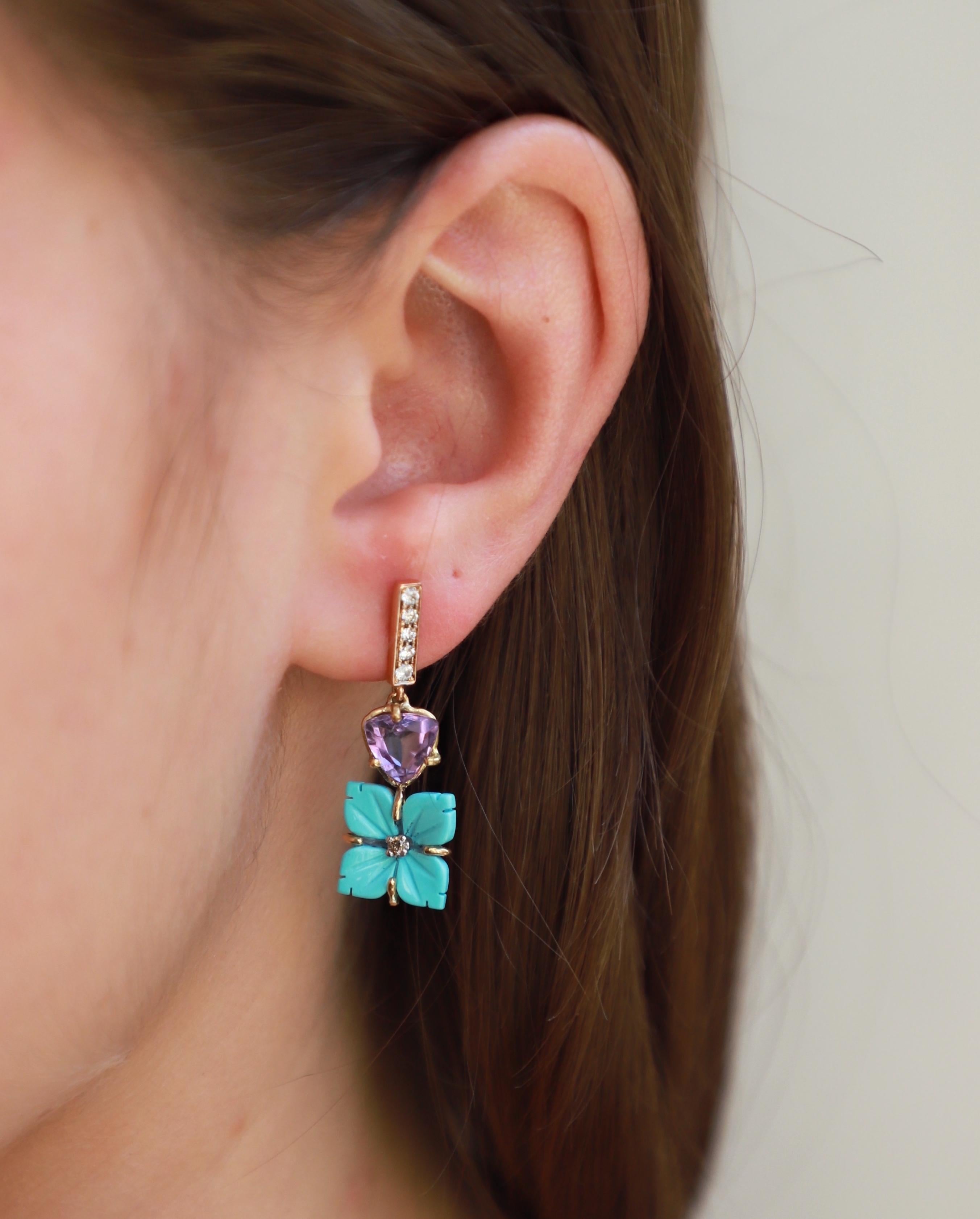 Rossella Ugolini 18K Gold Amethyst and Turquoise Floral Earrings For Sale 1