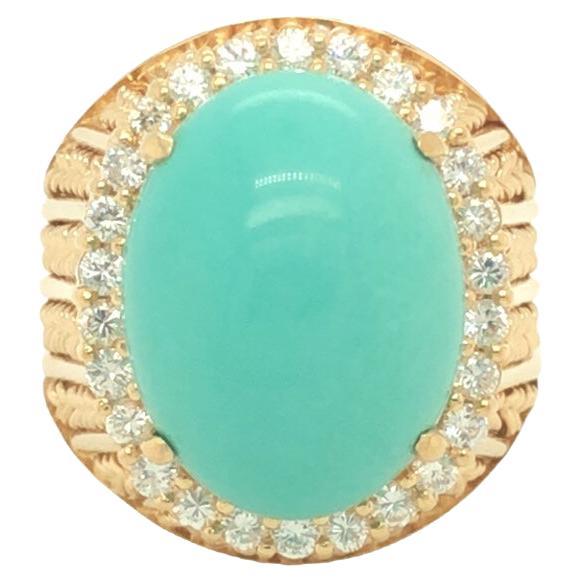 18 Karat Gelbgold Ring mit handgefertigter Türkis- und Diamant-Seilstruktur im Angebot