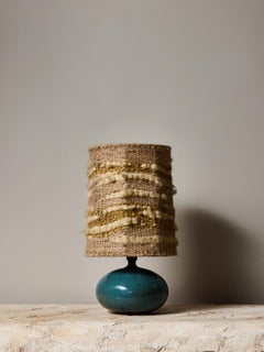Handcrafted Turquoise Glazed Ceramic Table Lamp with Textural Woven Shade