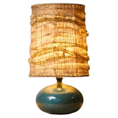 Handcrafted Turquoise Glazed Ceramic Table Lamp with Textural Woven Shade
