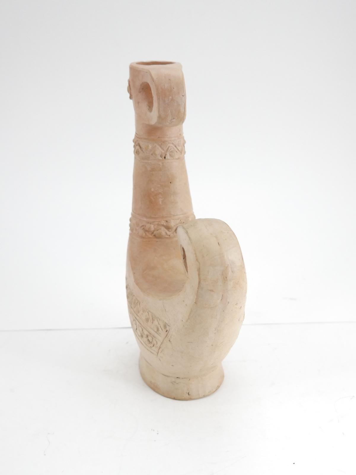 European Handcrafted Unglazed Ceramic Bird Shaped Vase, 1960s