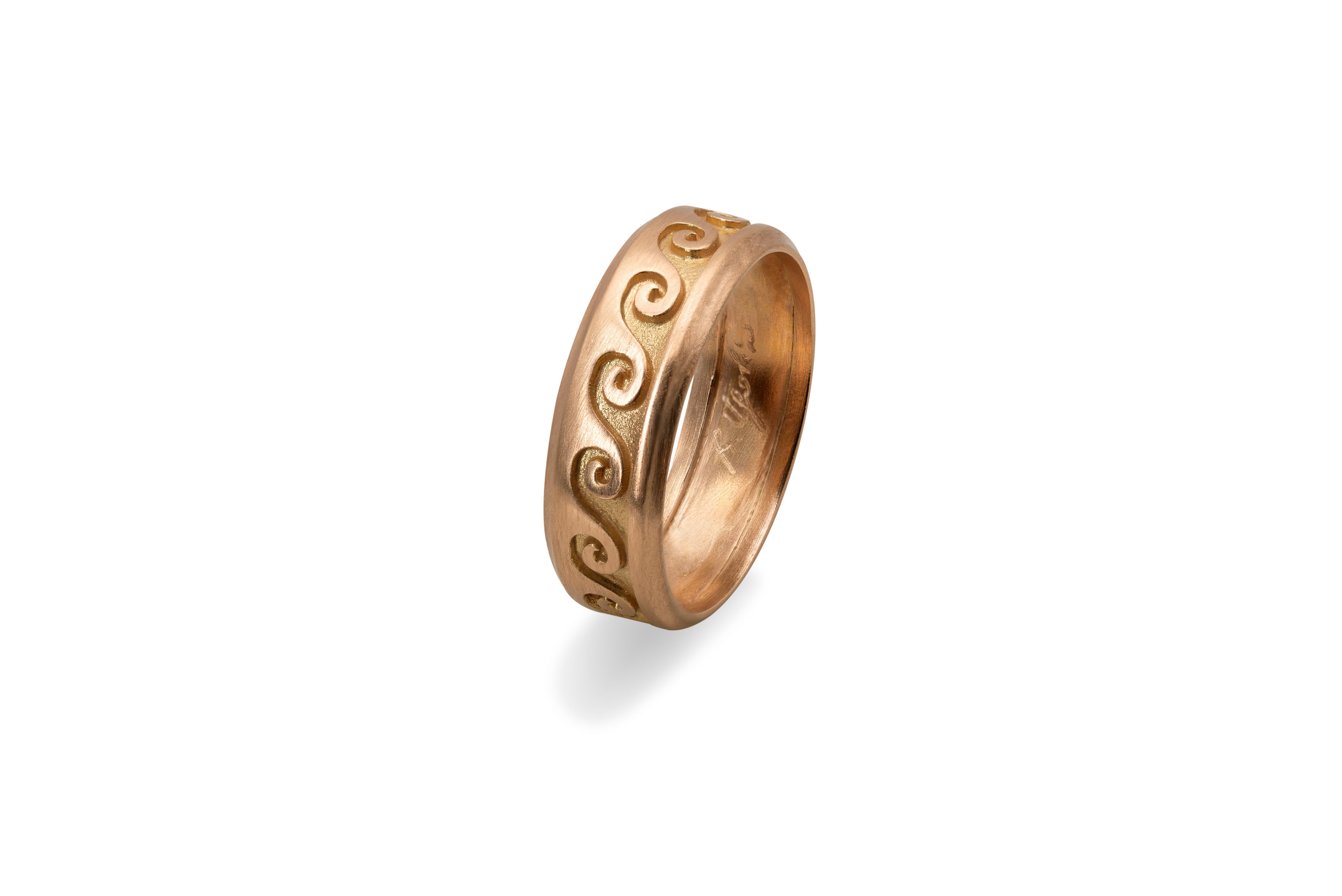 Handcrafted 18 Karat Rose Gold Embossed Wave Design Man Band Ring For Sale 1