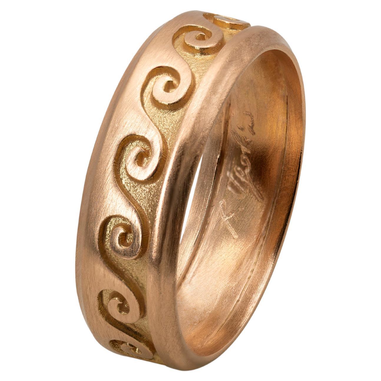 Handcrafted Unisex 18 Karat Rose Gold Embossed Wave Design Band Ring For Sale